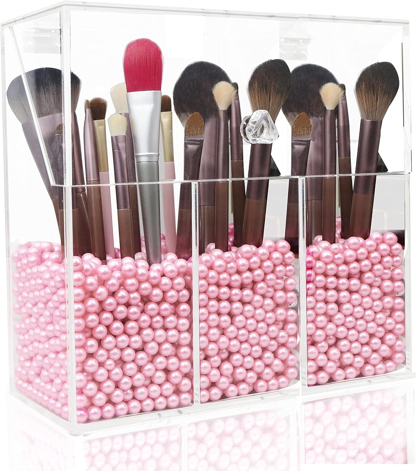 Lumcrissy Acrylic Makeup Brush Organizer 3-Slot Personal Organizer with Closable Protective Lid, Dust-proof Cosmetic Storage Case with 750g Pink Pearl