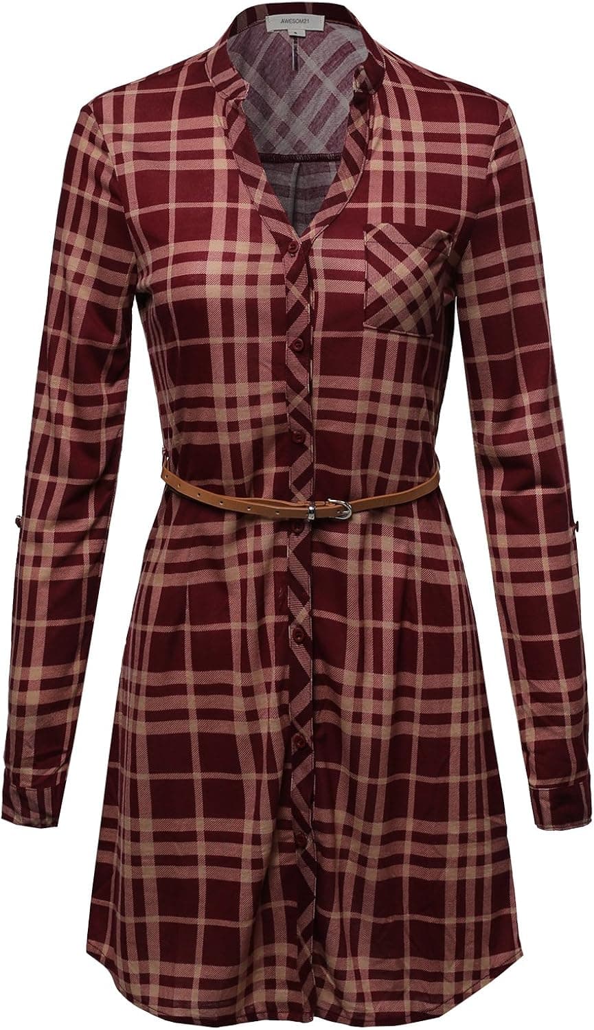 Awesome21 Women's Long Sleeve Button Down Plaid Dress w/Attached Belt