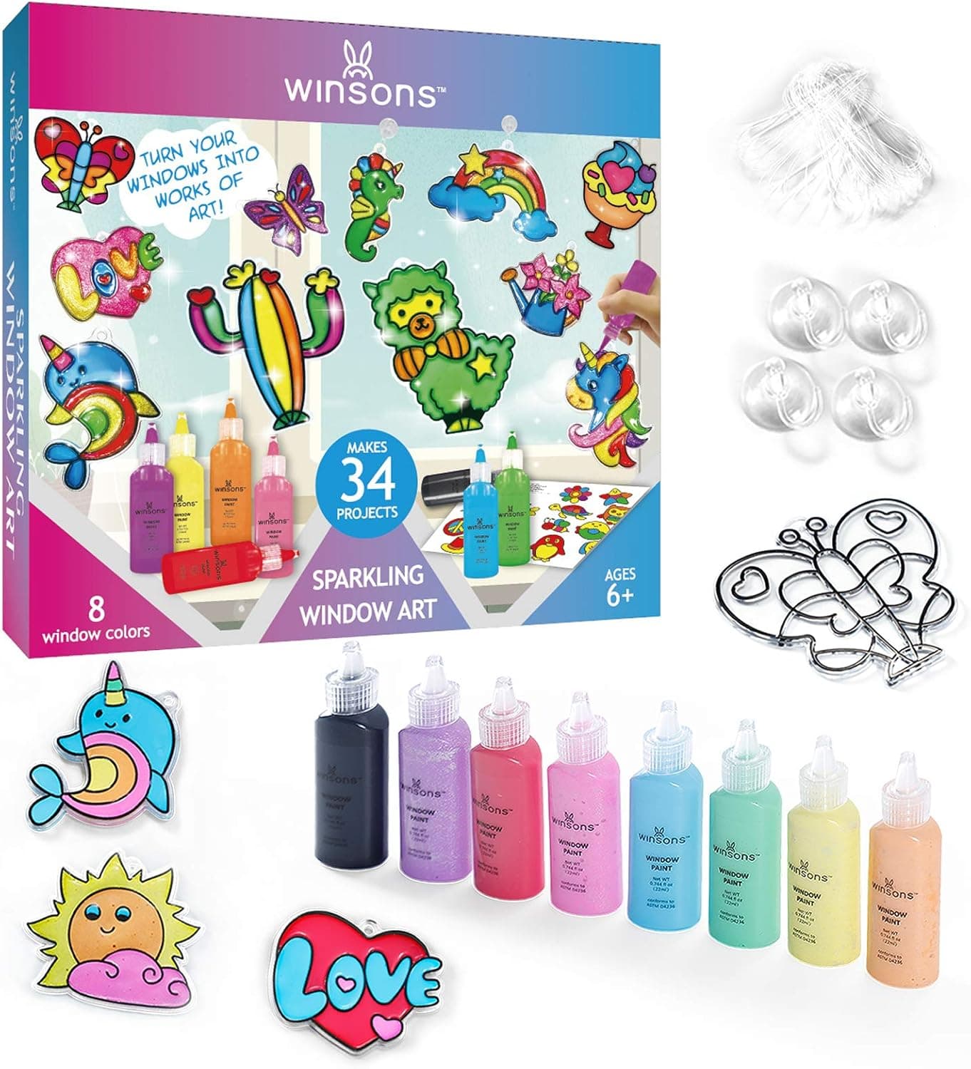 WINSONS Window Art for Kids Suncatcher Kits with Suction Cups Paints DIY Stained Glass Set Arts & Crafts Kit Toys for Kids Student Toddler Children