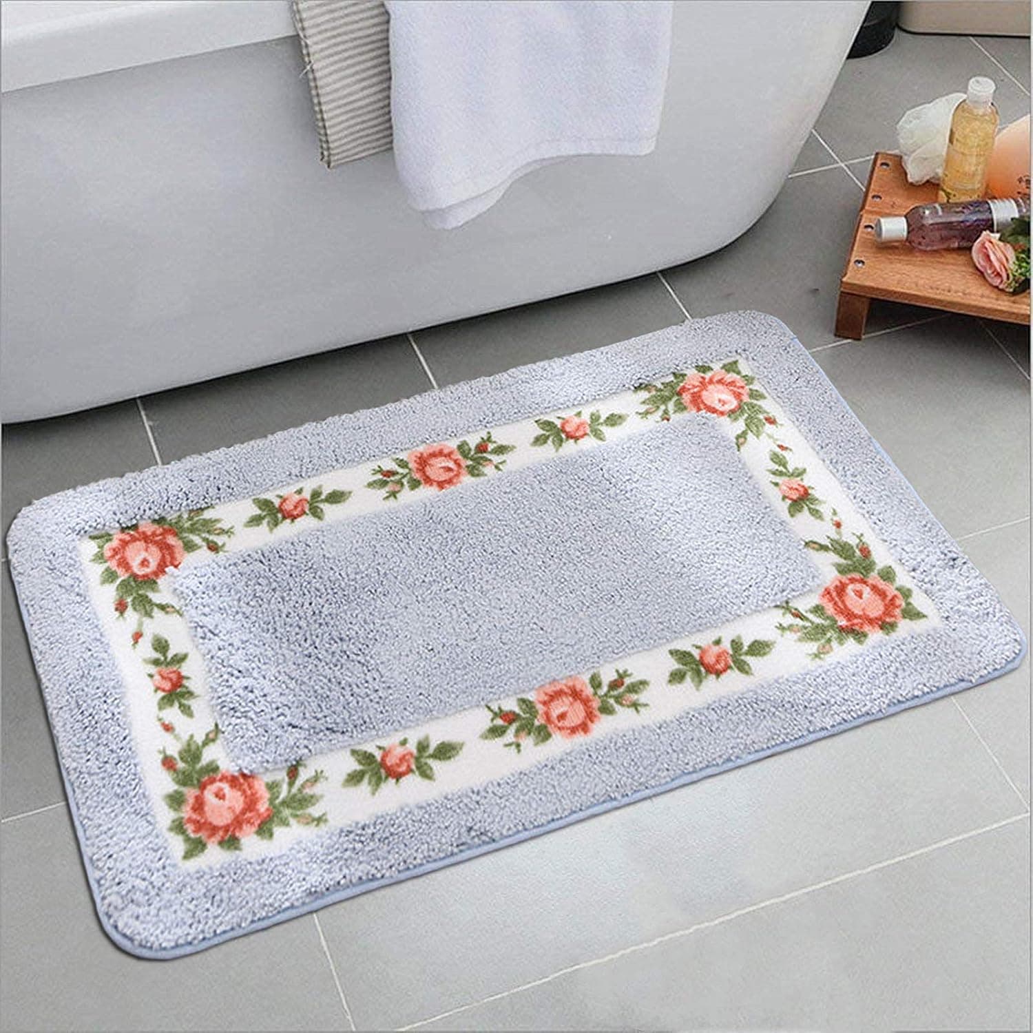 UKELER Floral Rose Bath Rugs for Bathroom Non Slip Microfiber Absorbent Bath Mats Washable Shaggy Bathroom Doormat 17.7''x29.5'', Blue