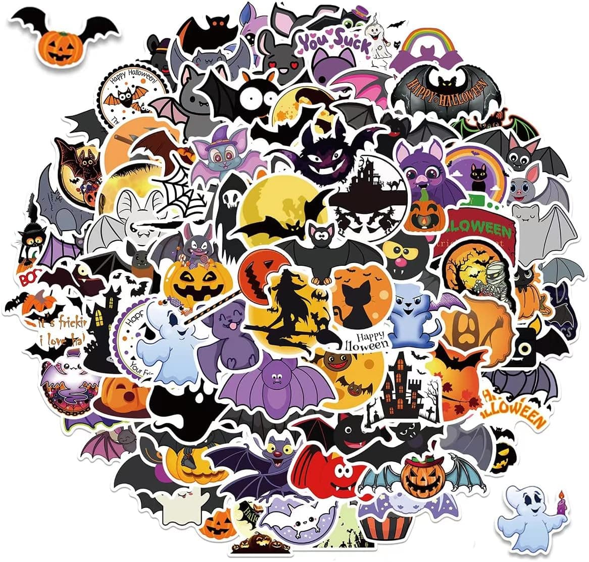 100PCS Halloween Stickers Halloween Decorations Laptop Cute Aesthetic Vinyl Waterproof Sticker Wardrobe Car Skateboard Motorcycle Bicycle Mobile Phone Luggage Guitar DIY Decal for Teens (Halloween Bat 100)