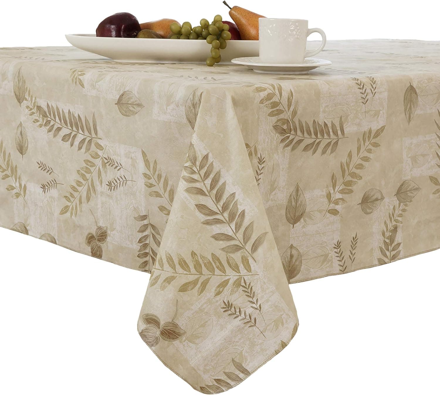 EVERYDAY LUXURIES Boxed Fern Flannel Backed Vinyl Tablecloth Indoor Outdoor, 52-Inch by 52-Inch Square, Taupe