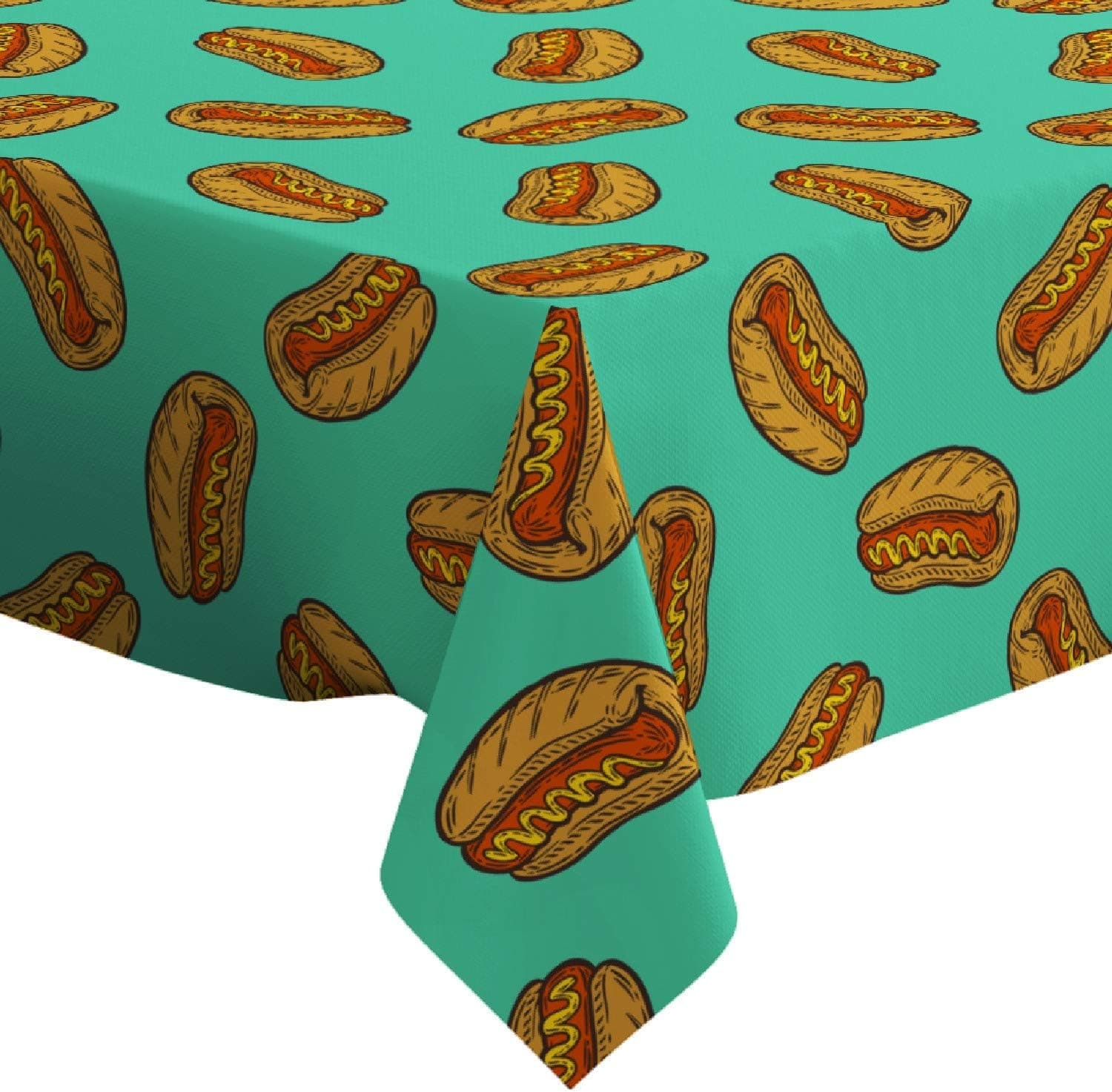 Q-Beans Rectangle Decorative Tablecloth [Size: 52 x 70 inch], Washable and Reusable Table Cloth Cover for Indoor and Outdoor ( Hot Dog Sausage Fast Food )