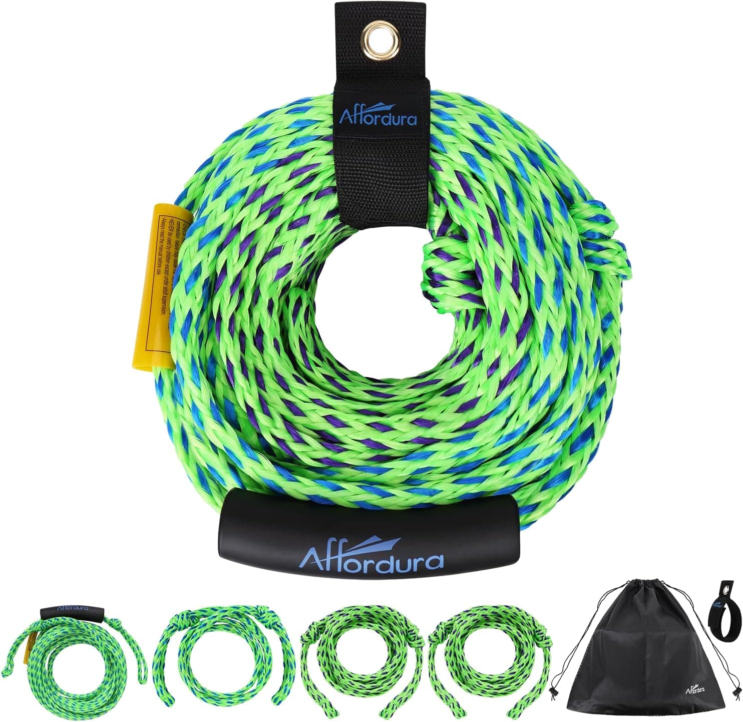 Affordura Tow Rope for Tubing 4 Sections Boat Tow Rope Tube Ropes for Tubing with Storage Bag and Rope Keeper