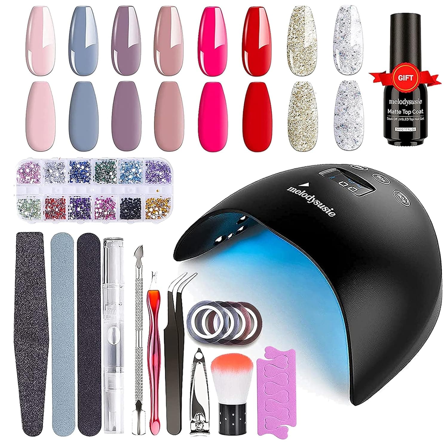 MelodySusie Gel Nail Polish Kit with U V Light, 48W UV Nail Lamp Dryer, 8 Colors Fall Winter Gel Polish Nail Set Soak Off Pink Brown Red Nude Glitter, Nail Starter Kit Nail Art Supplies(Autumn Sonata)