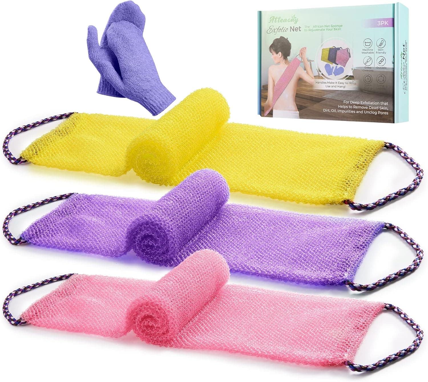 ATTEASAY 5-Pack African Exfoliating Net, African Net Sponge African Bath Sponge African Net Long Net Exfoliating Shower Body Scrubber Back Scrubber Skin Smoother for Daily Shower Bathing Exfoliating