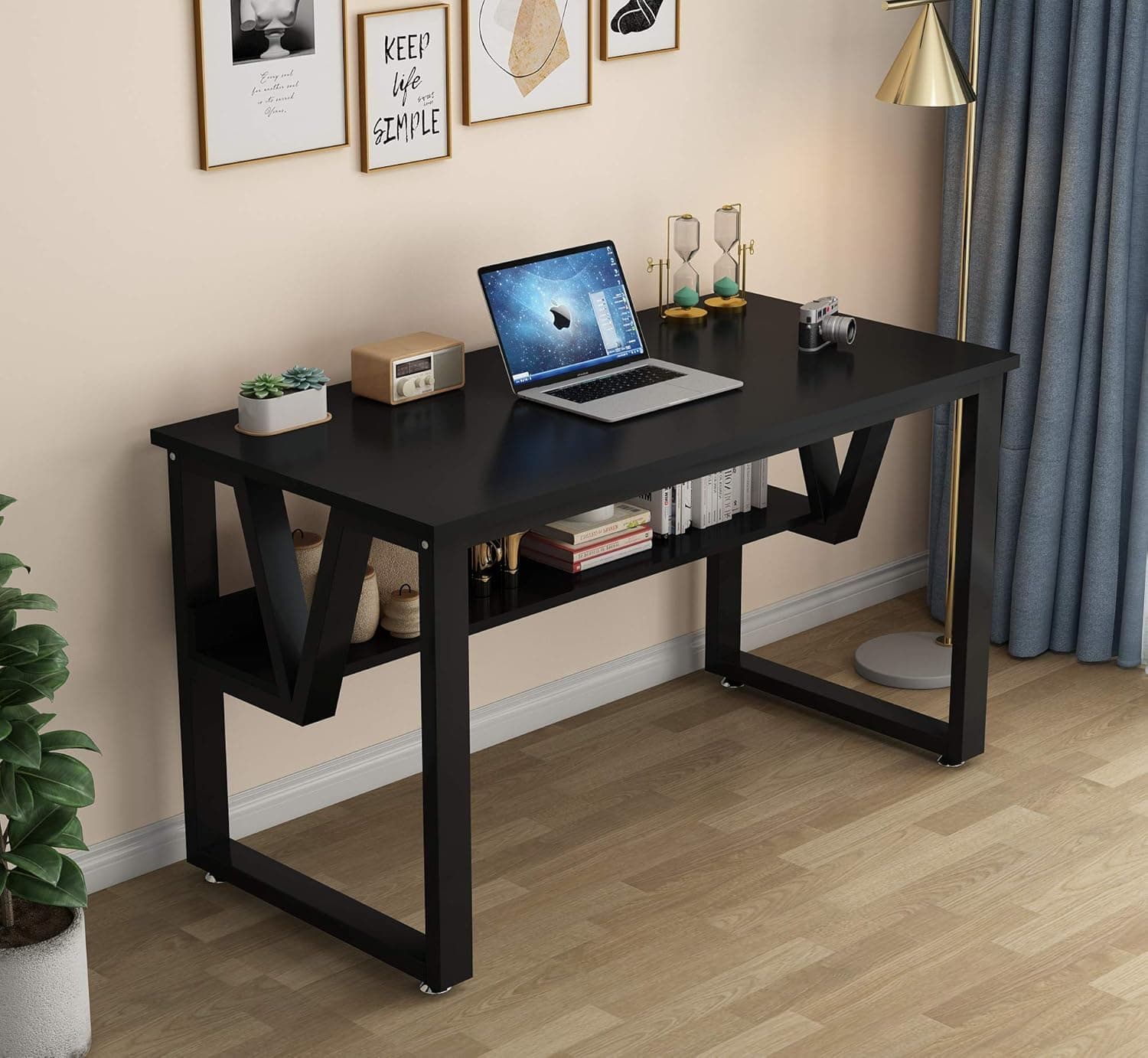 Computer Desks for Home Office Writing Table Bedroom Desks with Bookshelf Study Table Desk Stable Wood and Metal Frame, PC Notebook Laptop Table Study Desk for Small Space(Black 55Inch)