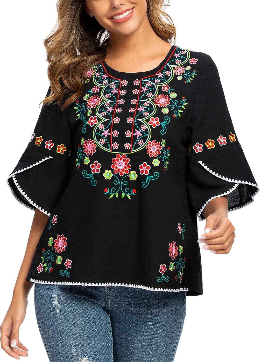 YZXDORWJ Womens Girls Embroidered Peasant Tops Mexican Bohemian Blouses
