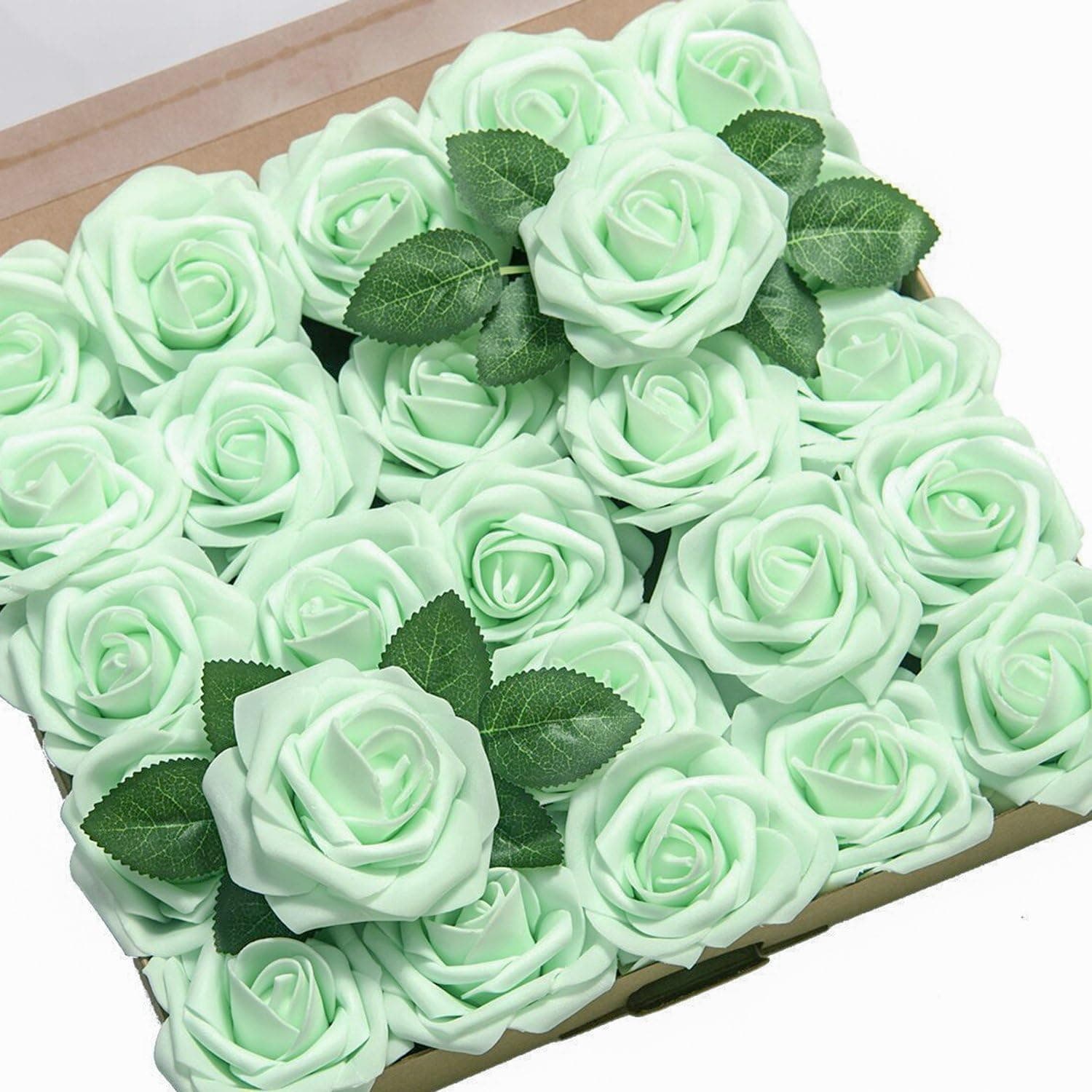 Ling's Moment Artificial Flowers 25pcs Real Looking Mint/Sea Foam Fake Roses w/Stem for DIY Wedding Bouquets Centerpieces Bridal Shower Party Home Decorations
