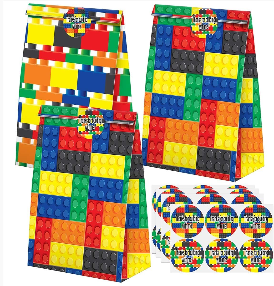 Building Blocks Party Favors Candy Bags with Stickers - Building Blocks Goodie Gift Treat Bags - Building Blocks Themed Birthday Party Supplies