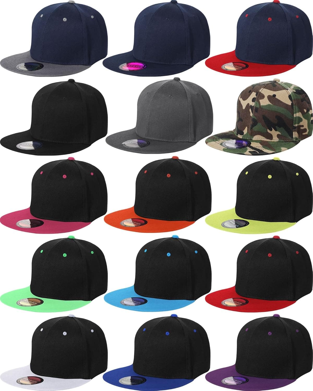 15 Pack Snapback Hats for Men Hip Hop Style Hats Solid Baseball Hats Adjustable Snapback Cap Flat Brim Baseball Caps
