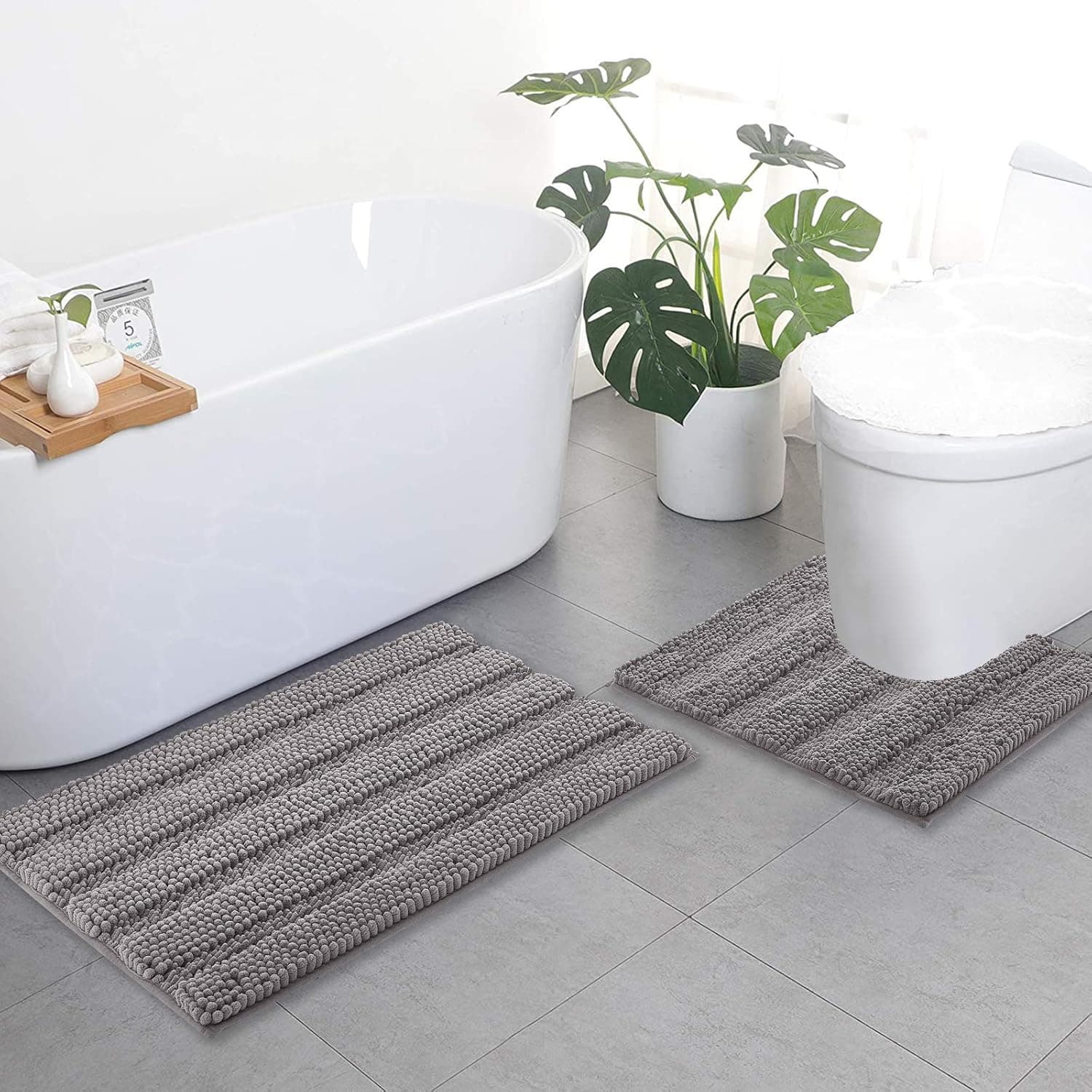 NICETOWN Bath Rug Sets, Extra Thick Chenille Striped Pattern Bath Rugs for Bathroom, Non-Slip Soft Plush Shaggy Bath Mats, Indoor Rugs for Entryway (Dove Grey, 20 x 32 Plus 24 x 24 U - Inch)