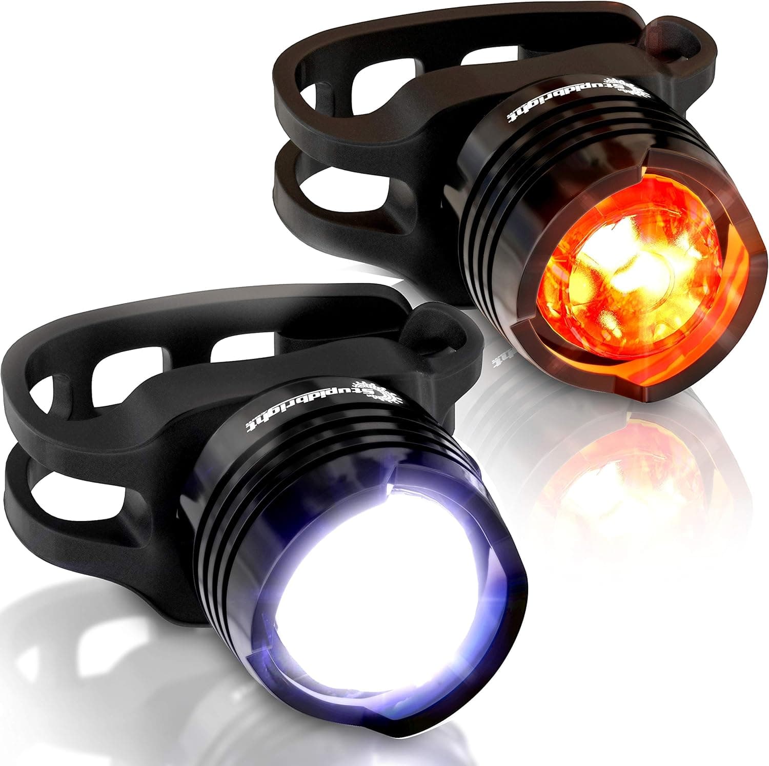 Stupidbright Micro LED Strap-On Front & Rear Bike Light Set Skateboard Longboard Lights (2 Pack)