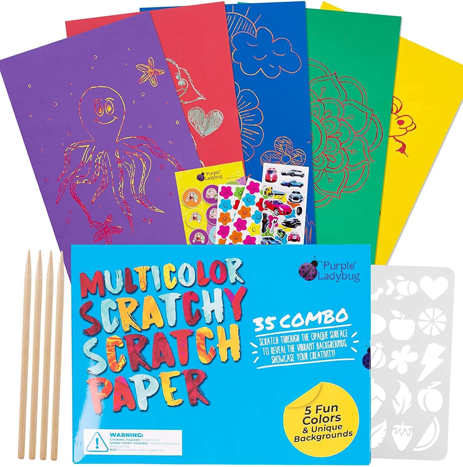 Purple Ladybug 5 Colors, 35 Sheets Scratch Paper Art Craft Kit for Kids - Red, Green, Purple, Yellow, & Blue Scratch Papers - Fun Arts & Crafts Activity Set, Unique Easter Gift for Girls, Boys & Teens