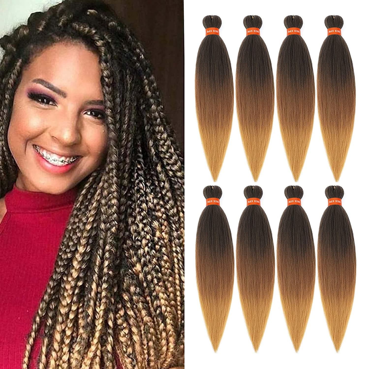 Ombre Pre-stretched Braiding Hair,Silky Braid Hair Extensions, Itch Free Crochet Twist Hair Braids, Yaki Texture Original Braiding Hair Pre Stretched(20''-pack of 8, 1b/30/27)…