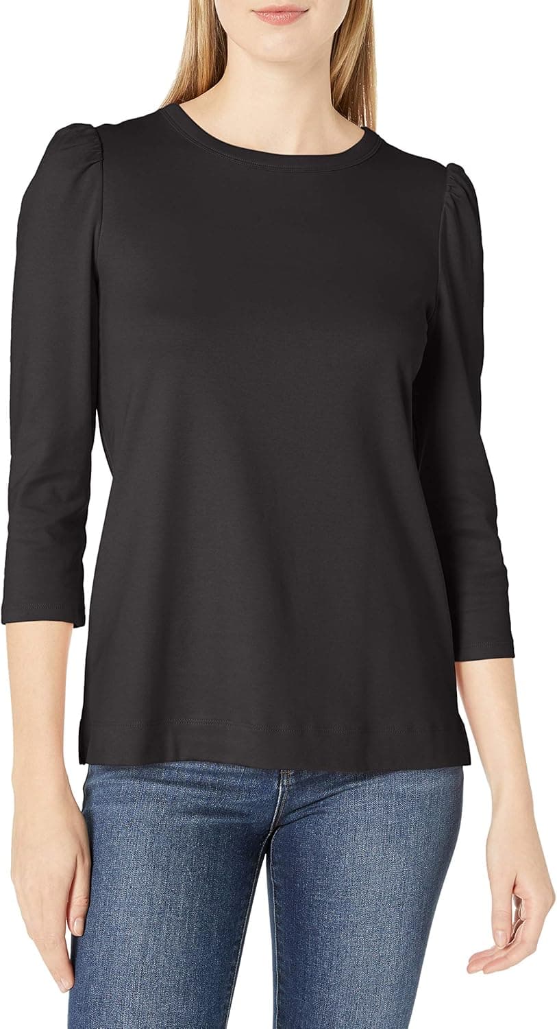 Amazon Brand - Lark & Ro Women's Pima Cotton 3/4 Puff Sleeve Knit Top