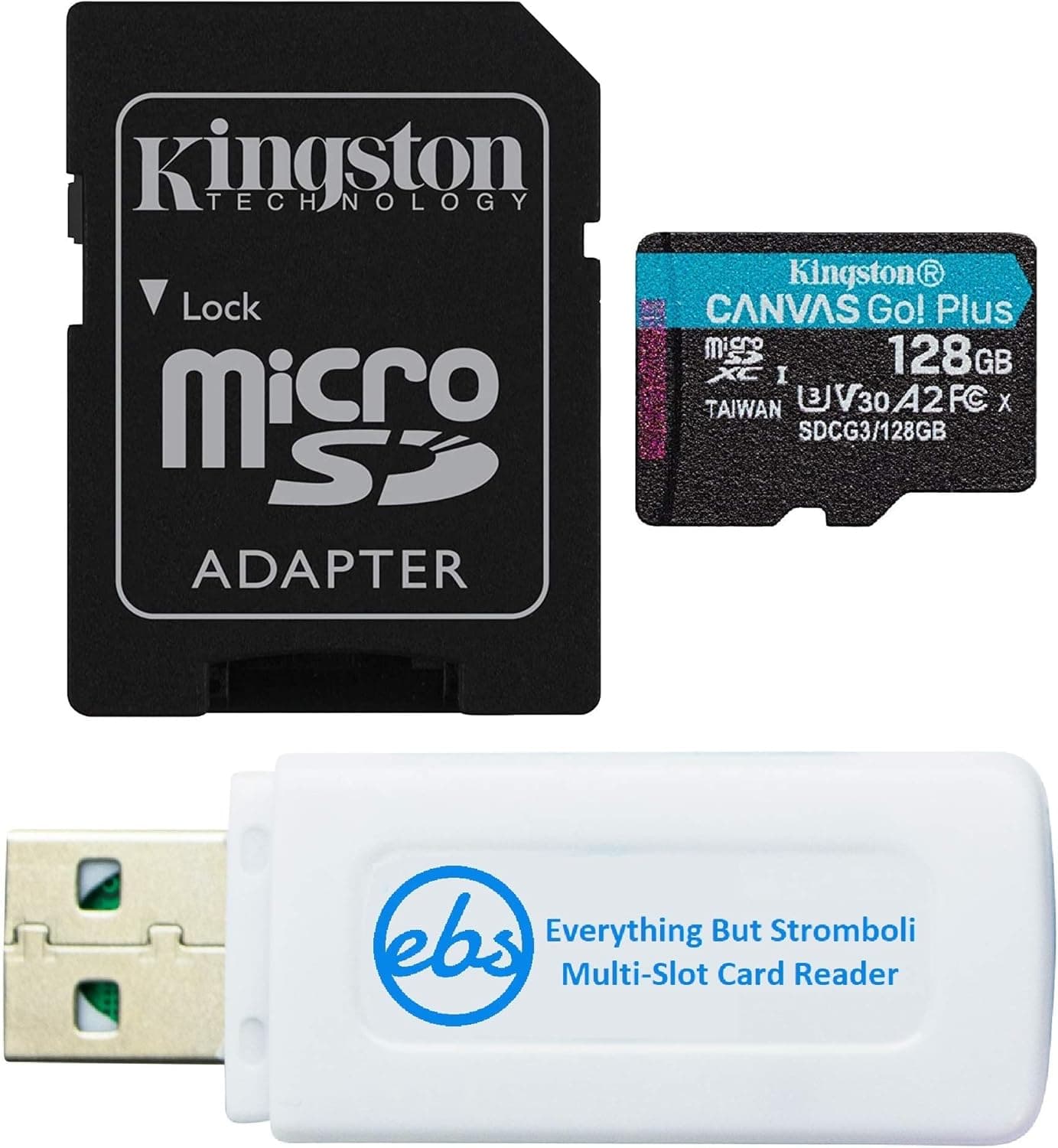 Kingston 128GB SDXC Micro Canvas Go! Plus Memory Card & Adapter Works with GoPro Hero 7 Black, Silver, Hero7 White Camera (SDCG3/128GB) Bundle with (1) Everything But Stromboli TF and SD Card Reader