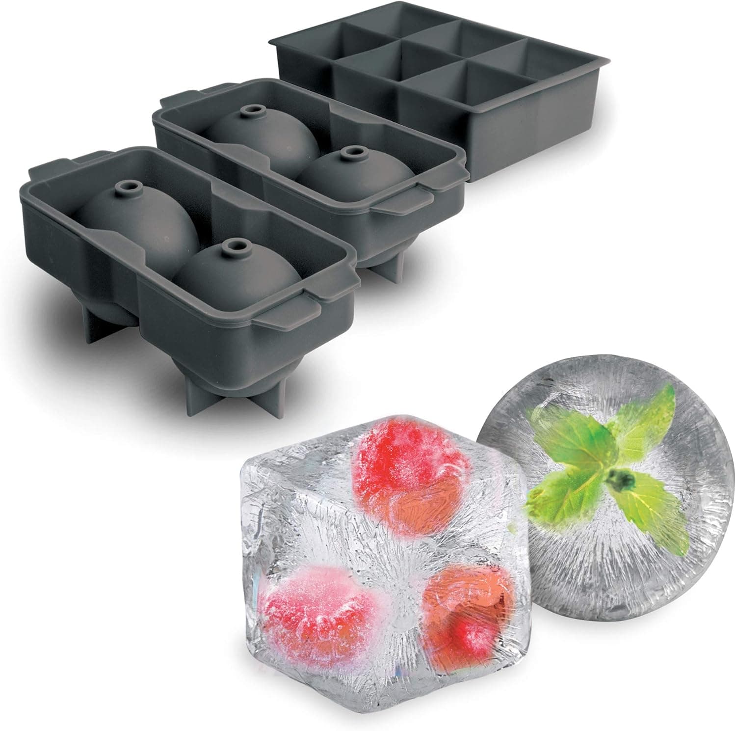 Tovolo Ice Cube Trays & Sphere Molds Easy Release Silicone 6 Large Cubes & 2 Spheres for Whiskey Cocktails and Beverages, Charcoal Gray