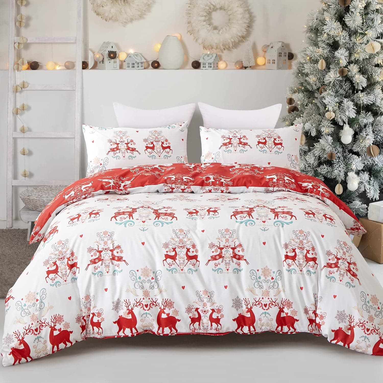 Menghomeus Christmas Duvet Cover Set Queen Size - 3 Pieces Reversible Xmas Elk Pattern Comforter Cover Decor with 2 Pillowcases - Festival Bedding Sets with Zipper Closure for Kids Adults (90"x90")
