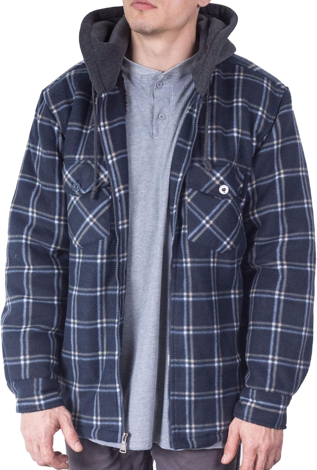 Visive Mens Heavy Flannel Shirt Jacket for Mens Big and Tall Zip Up Fleece W/Hood Size M - 5XL