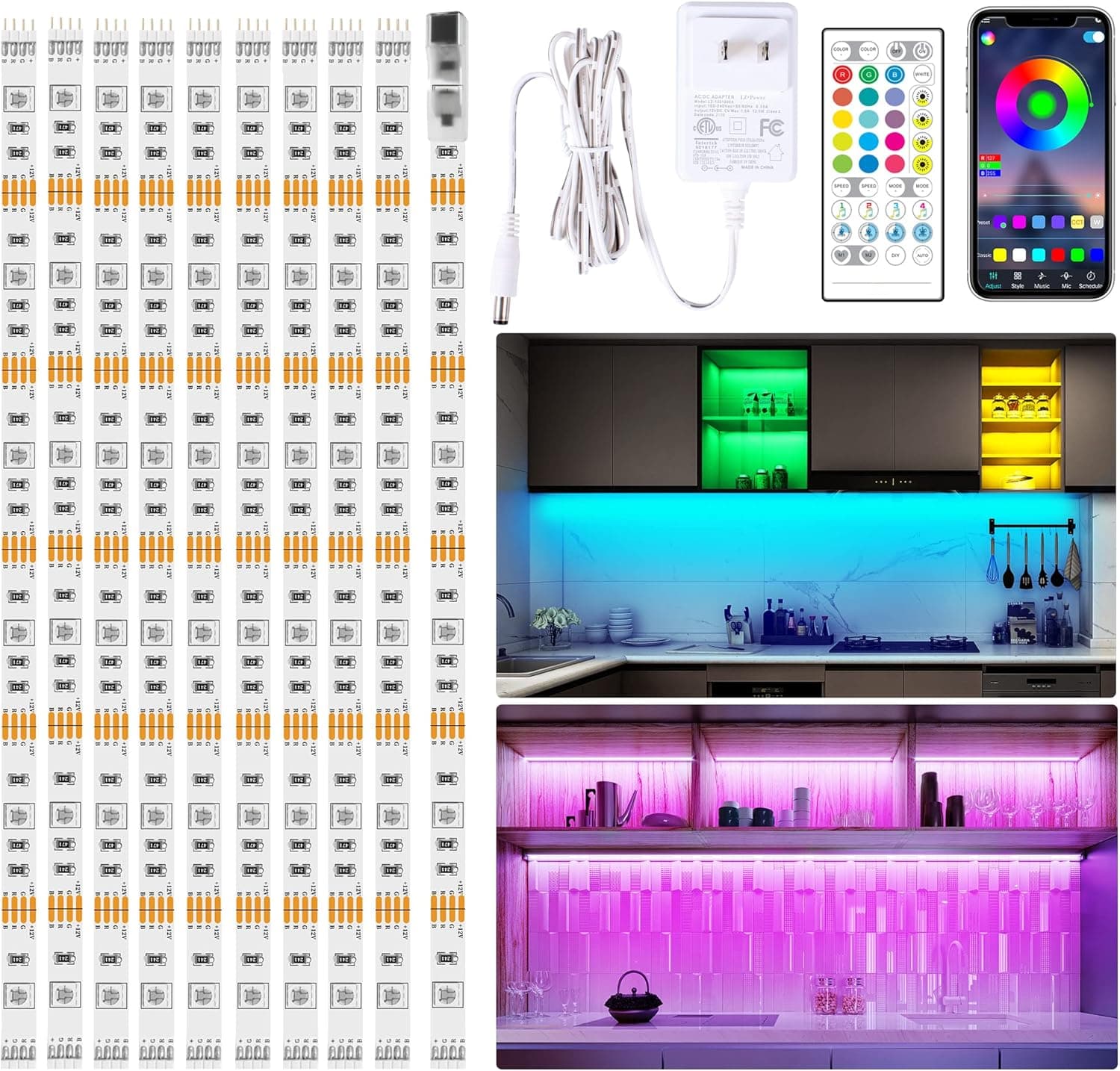maylit 10 PCS RGB Under Cabinet Lighting Kit, App and Remote Control Led Strip Lights, Music Sync Color Changing Led Lights with ETL Listed Power Adapter, for Cabinet, Counter, Shelf, Bookcase,16.4ft