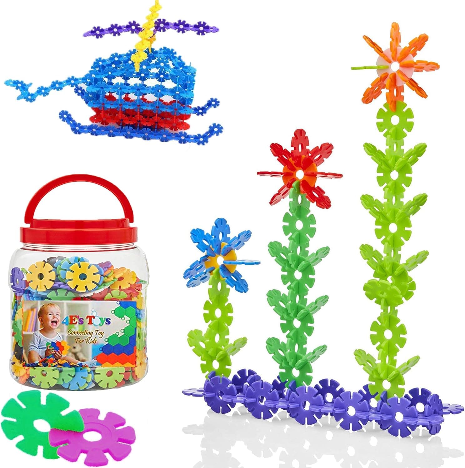 4E's Toys Snow Flakes 400 Piece Interlocking Plastic Disc Set, STEM Building Toys - Brain Construction Toys, Educational, Motor Skills for Boys and Girls
