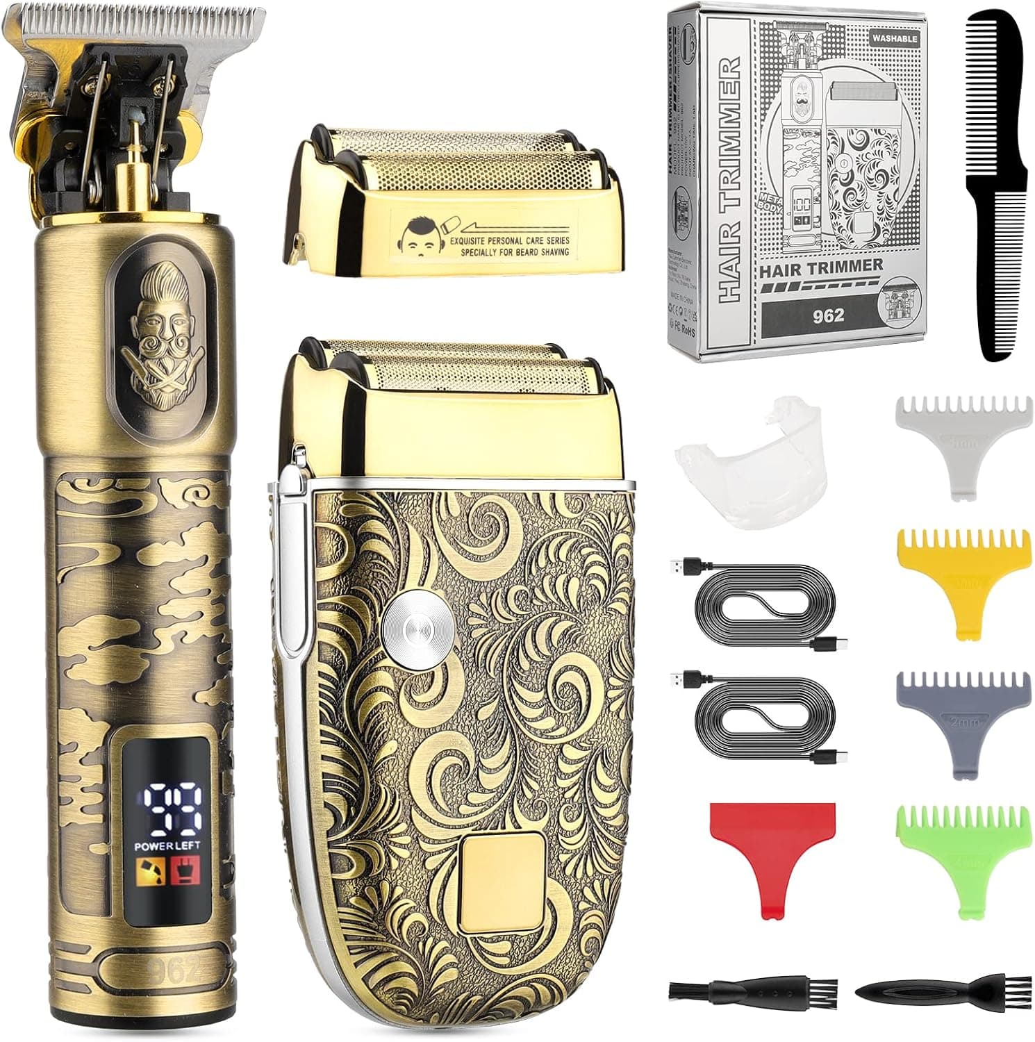 Soonsell T Blade Hair Trimmers for Family+Foil Shaver Trimmer Set,Man Professional Cordless Barbers Clippers Set Blade Close Cutting Beard Trimmer Trimmer, 4 Guards & 2 Foil Head(Gold)