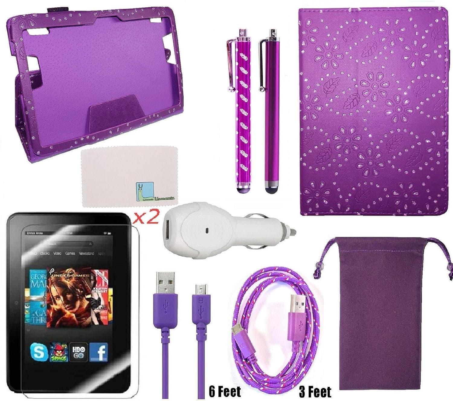 Llamamia Folio Stand PU Leather Case Cover Bundle Only for Kindle Fire HDX 7 Inch (2013 Release) with Car Charger, 2 Cables, Velvet Bag, 2 Screen Protectors, 2 Stylus(Not Compatible with HD 7 2012 or 2013 Release)(Purple Bling)