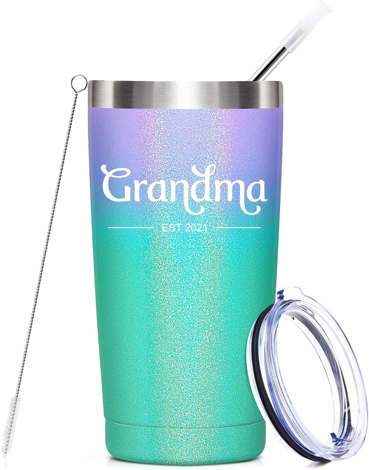 Grandma Est 2021 - New Grandma Gifts, Promoted to Grandma 2021 Tumbler, Birthday Gifts for Grandma, First Time Grandma Gifts - 20 OZ Vacuum-Insulated Stainless Steel Mug Tumbler with Straw and Lip