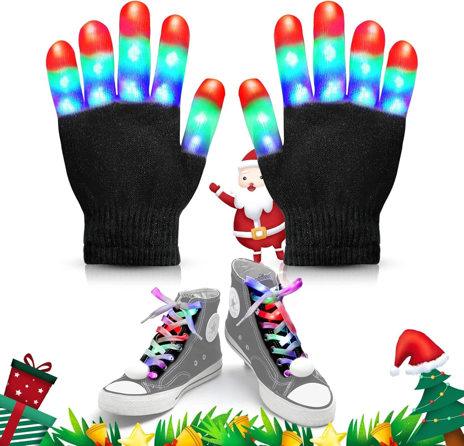 Joysky Christmas Kids LED Gloves LED Shoelaces Set, Colorful Flashing LED Gloves for Kids , Cool Toys for 3-15 Year Old Boys Girls Gifts for Christmas Birthday Party Favors (Black, M)