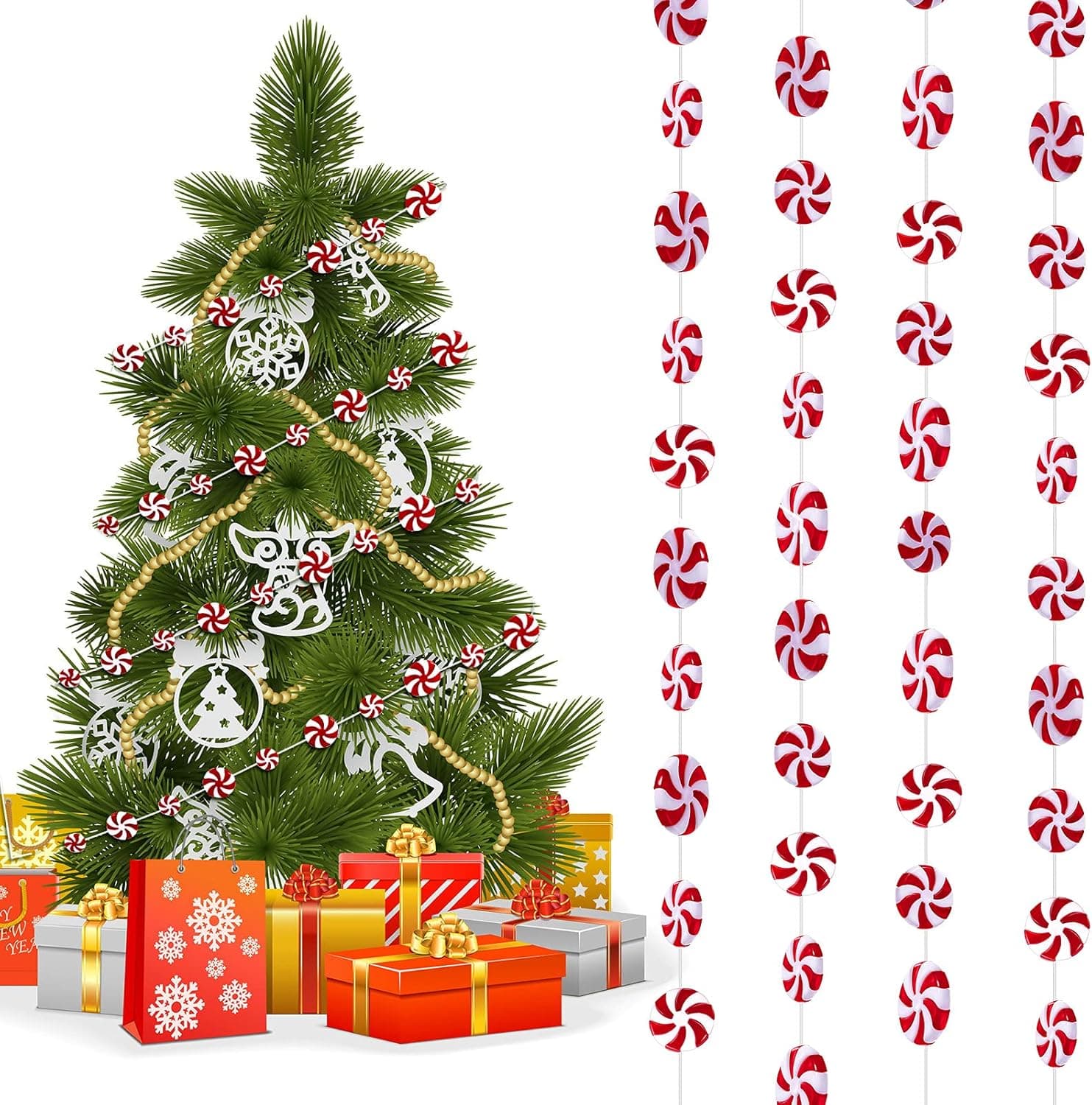 15 Feet Christmas Candy Cane Garland Christmas Tree Balls Ornaments Peppermint Candy Bead Garland Plastic Candy Swirl Garland Xmas Decorations Hanging Beads for Trees Fireplace (Candy Style)