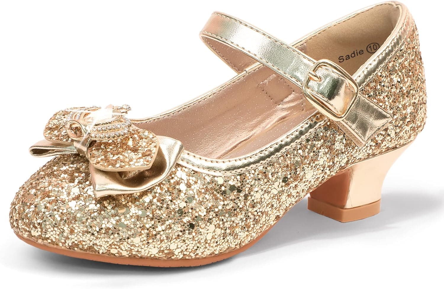 PANDANINJIA Sadie Girls Heels Dress Shoes Rhinestone Bows Mary Jane Pumps Low Heel Princess Flower Wedding Party for Toddler Little Kid