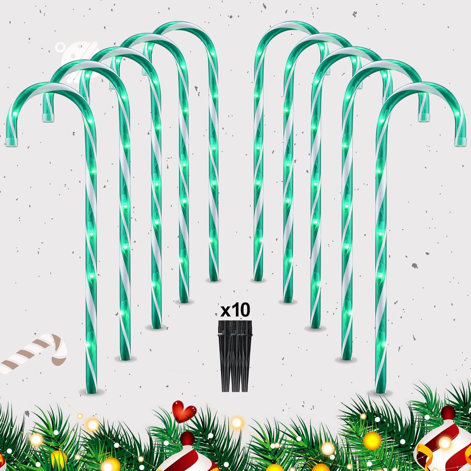22" Candy Cane Christmas Decorations Pathway Markers Lights, Set of 10 Pack, Candy Cane Lights for Holiday Xmas Outdoor Indoor Yard Patio Garden Decor Walkway Stakes (Green)