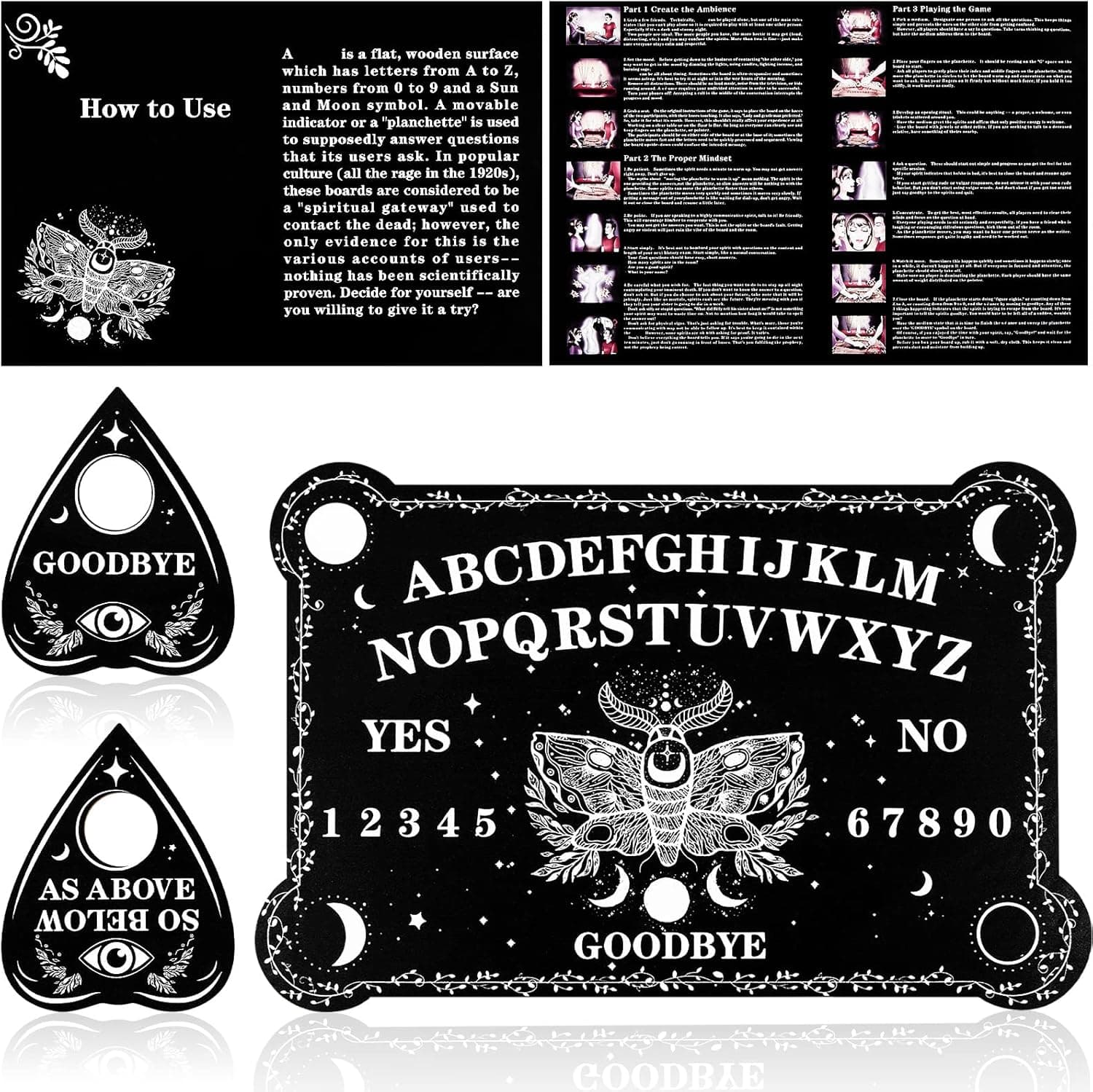 Pendulum Dowsing Divination Board Set Black Wooden Talking Board with Planchette Accessories for Teens Adults Birthday Party and Family Gatherings Games Supplies (Moth Style)