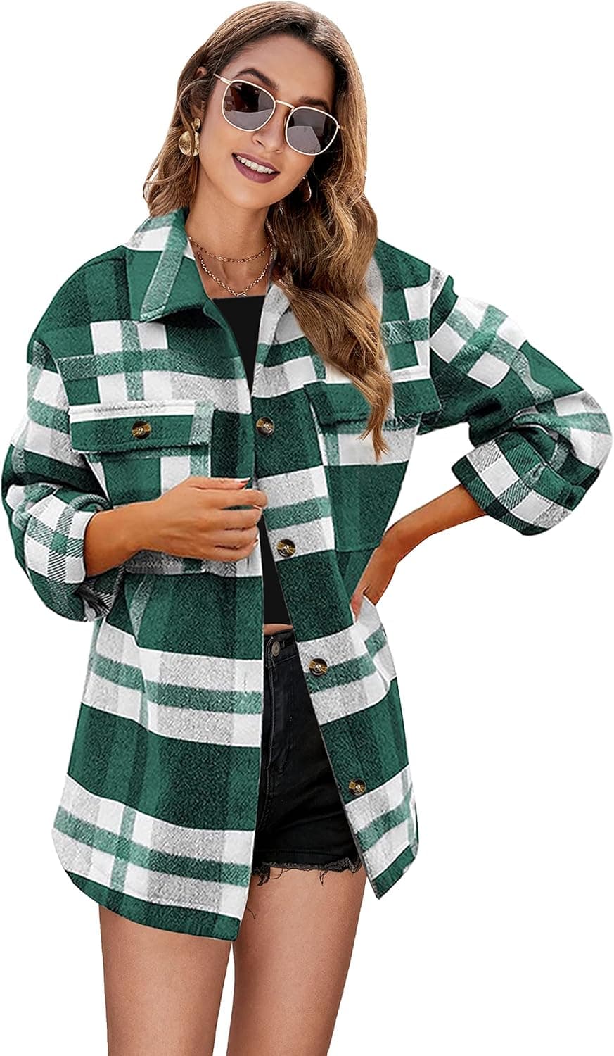 Esmeling Womens Brushed Flannel Plaid Shirts Button Down Pocketed Wool Blend Shacket Jacket Coats