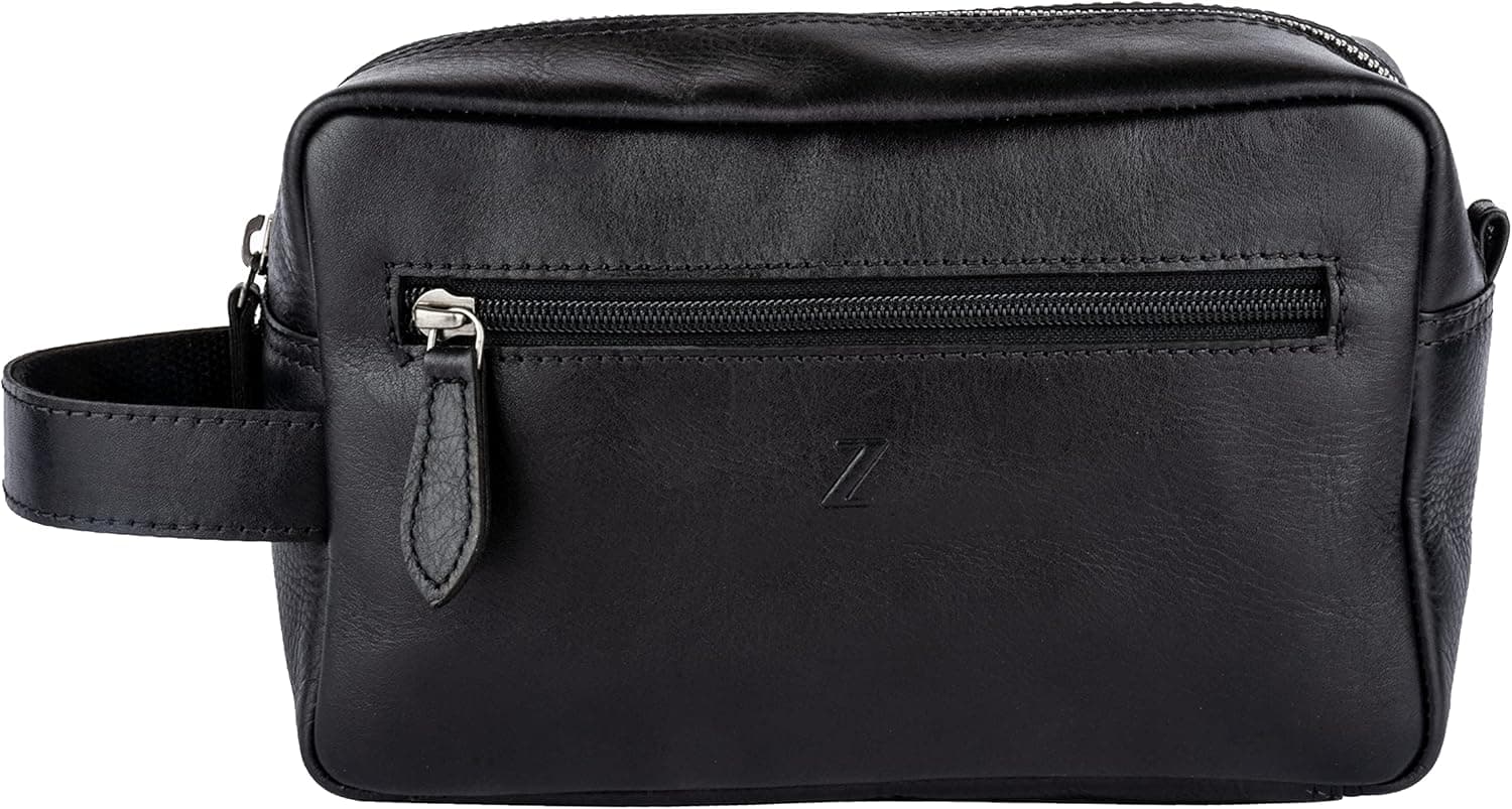 Zinda Genuine Leathers Toiletry Kit Bag Cosmetic Bag Unisex Travel Pouch (Black)