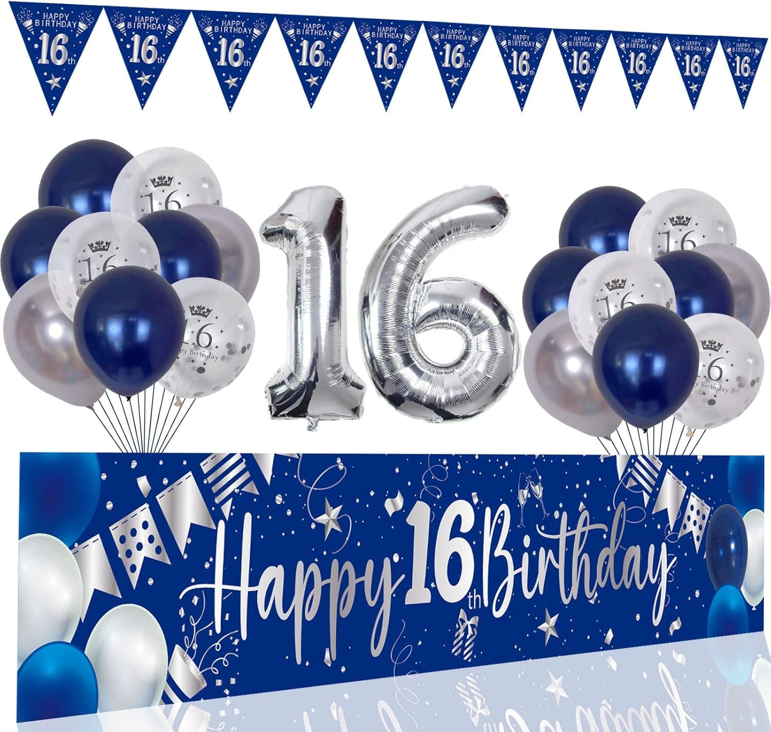 16th Birthday Decorations for Boys and Girls Blue, Happy 16th Birthday Backdrop Banner Balloons 16 Years Old Party Supplies with HAPPY BIRTHDAY Balloon Silver 16 Birthday Decor 16th Bday Women Her Him