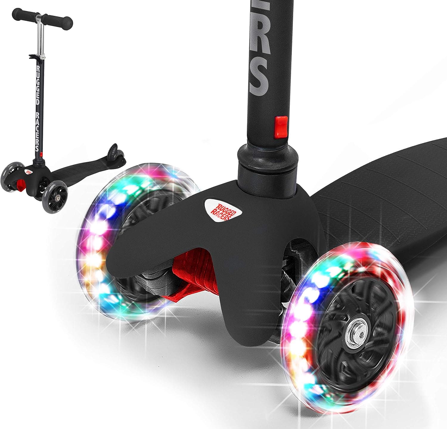 Rugged Racers Black Kick Scooter for Boys & Girls 3 Wheel Scooter, Kick Scooter for Kids with LED Light PU Wheels, Step Brake, Lean 2 Turn, Ride on Toys for Children 3 Year Plus