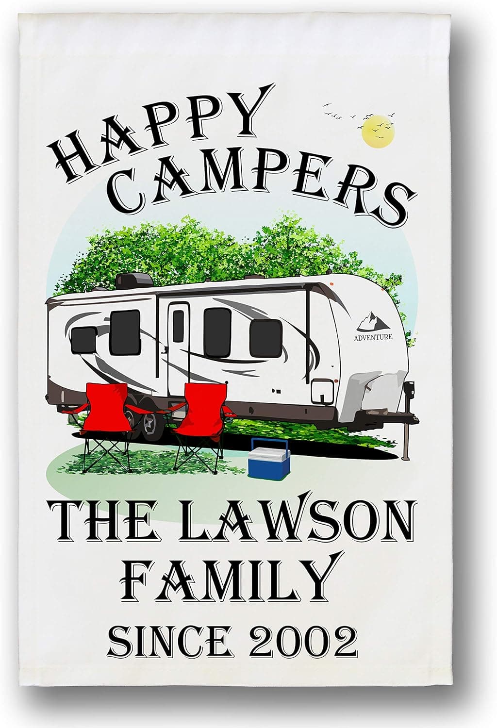 Happy Campers Personalized Camping Themed Flag with 3 Lines of Custom Text, White Travel Trailer with Black Windows on White Fabric…