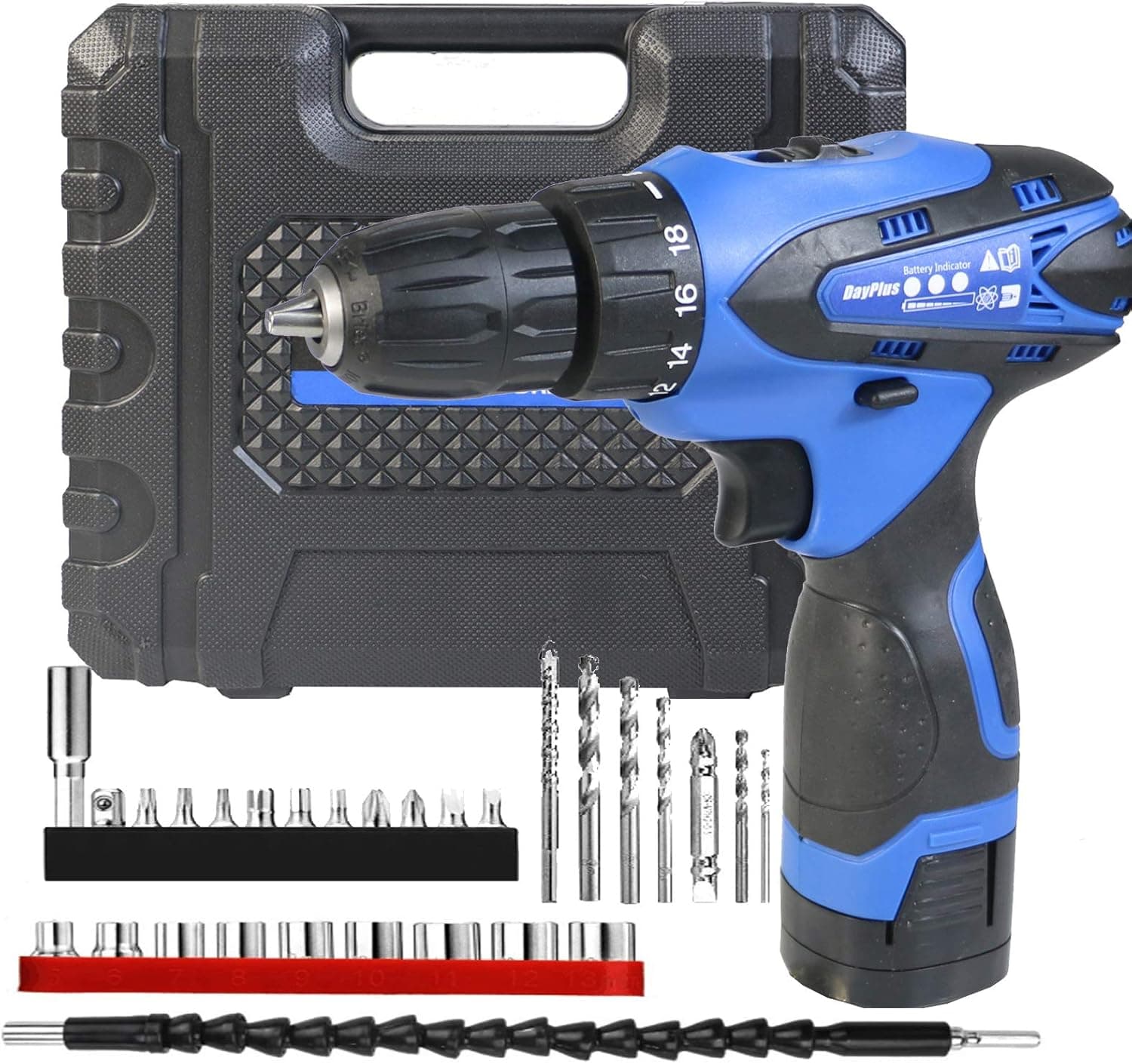 Powerful 1500mHa Lithium Ion Rechargeable Battery Cordless Drill, Power Drill Set 3/8'' Keyless Chuck, Variable Speed, 18+1 Position, LED Light and 29pcs Drill/Driver Bits, Fast Charger, Carry case