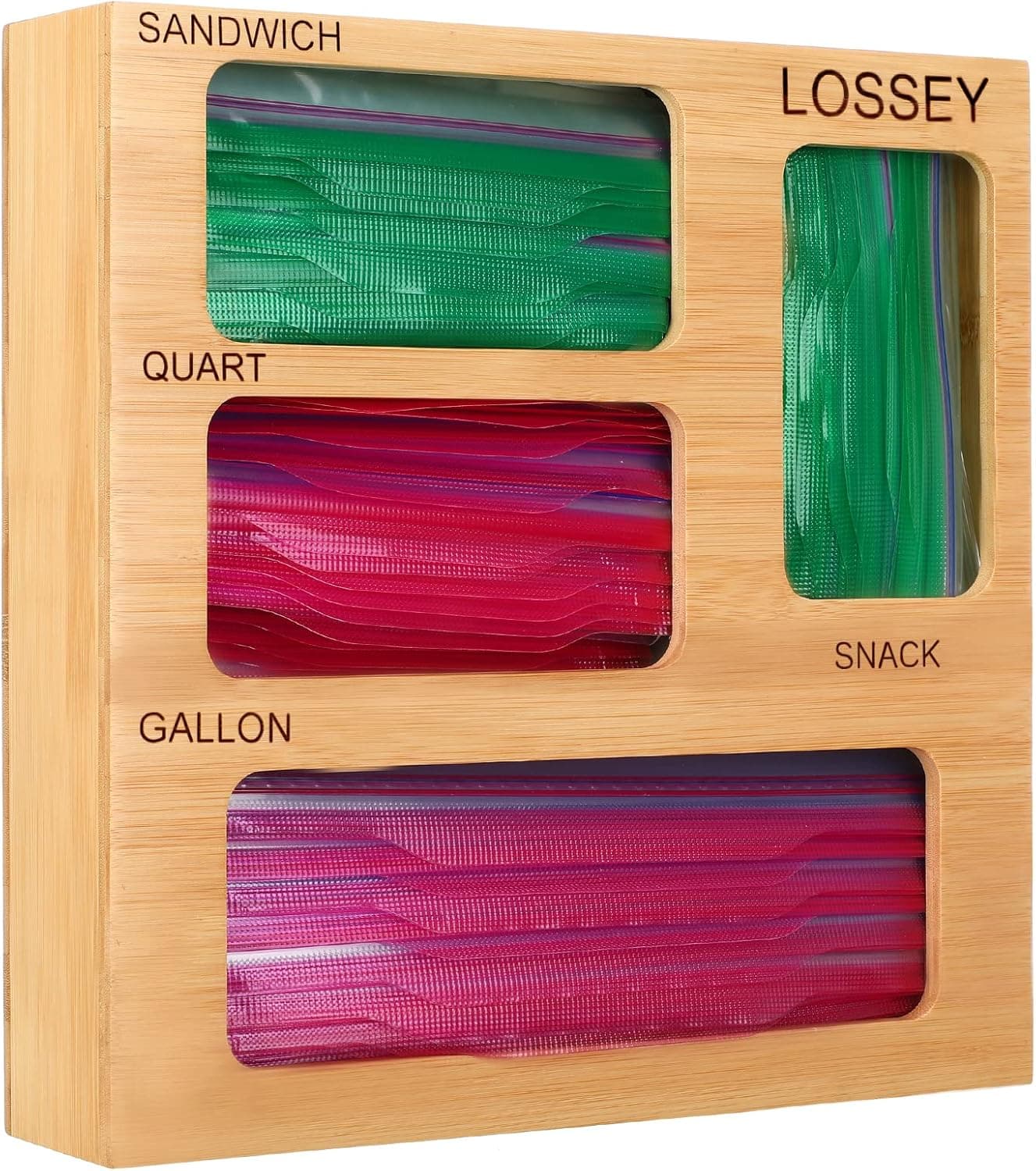 Lossey 4IN1 Ziplock Bag Organizer for Drawer, Food Storage Bags Organizer, Plastic Bag Organizer, Bamboo Baggies Dispenser Container for Gallon Quart Sandwich Snack Quart Slider
