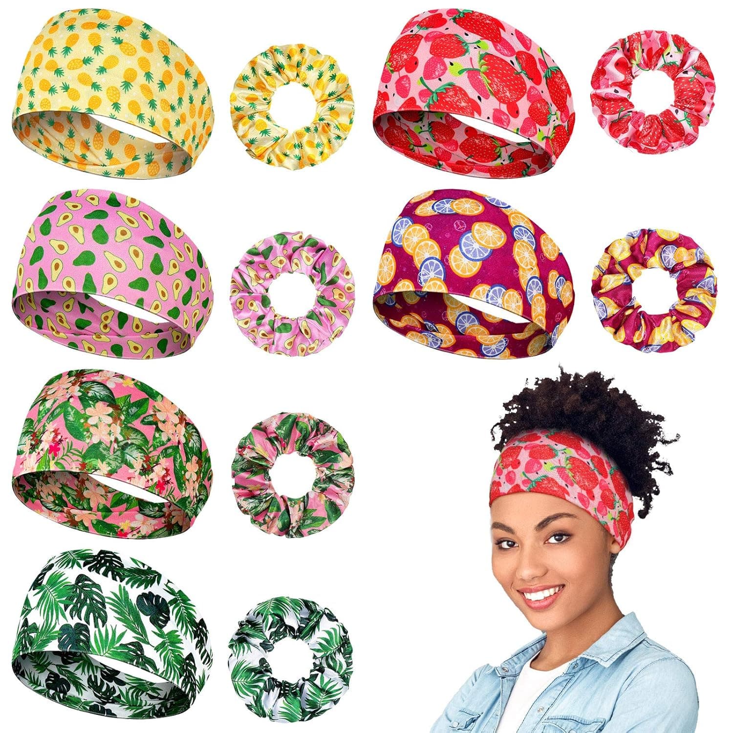 12 Pieces Boho Print Elastic Headband Soft Hair Scrunchies Yoga Sports Workout Wide Headwrap Elastic Twisted Knot Turban Hairband Elastic Hair Band Scrunchy Ties Ropes for Women Girl (Tropical Series)