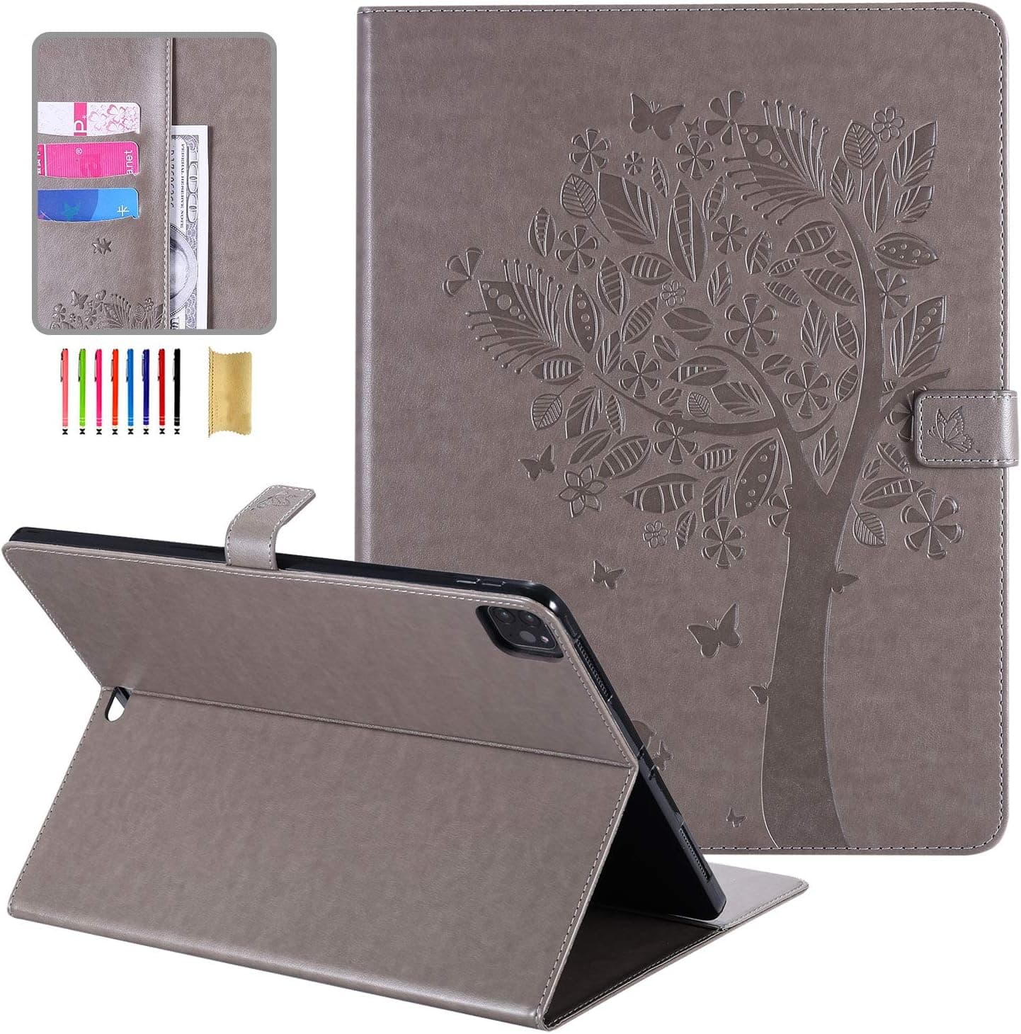 APOLL Case for iPad Pro 5th/4th Generation 12.9 inch 2021/2020, Anti-Scratch PU Leather Folding Stand Slim Magnetic Embossed Protective Cover Case for iPad Pro 12.9" 5th/4th Gen, Gray Emboss Tree Cat