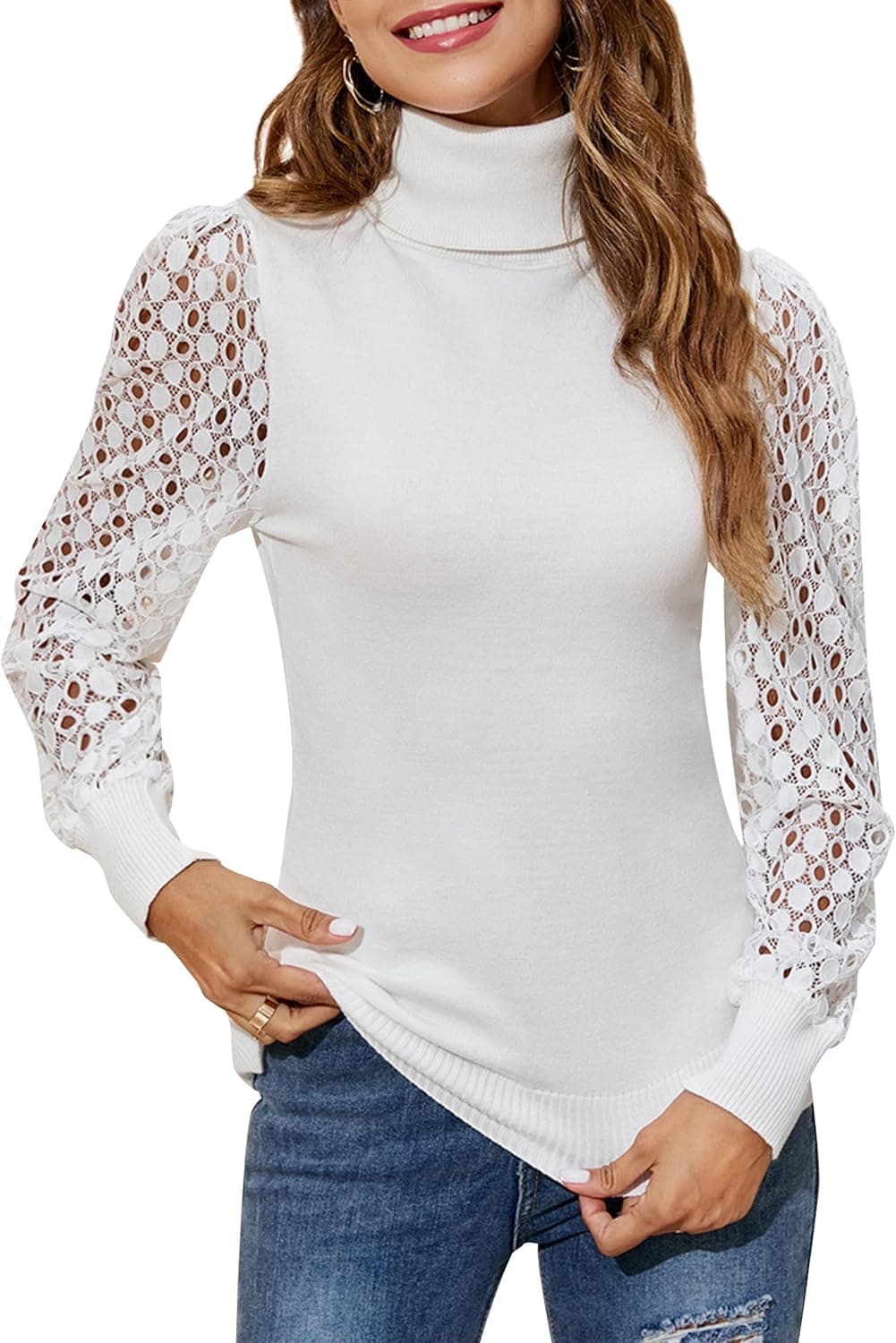Blooming Jelly Womens Turtleneck Sweater Lightweight Knit Pullover Sweaters Puff Long Sleeve Lace Tops
