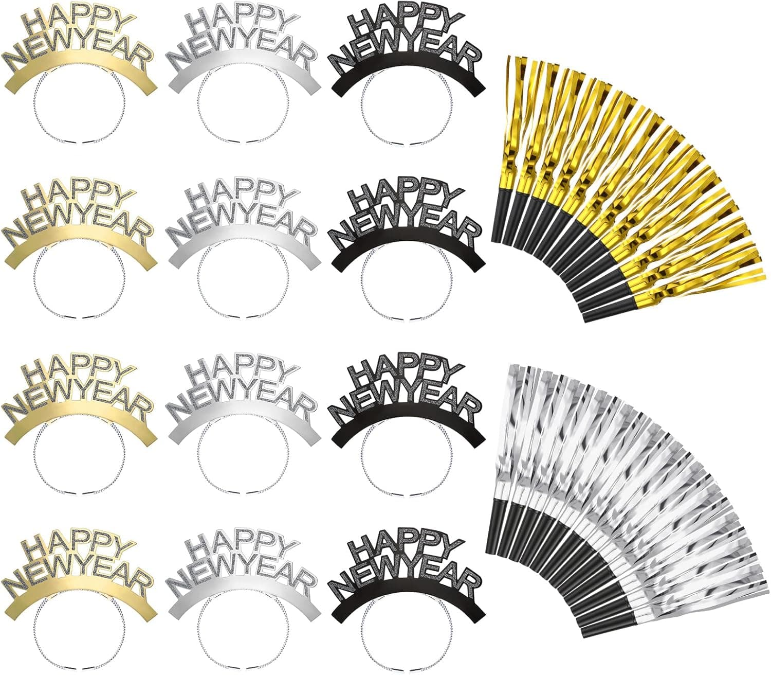 24 Pieces New Year Party Supplies Includes 12 Pieces Glitter Metallic Fringed Noise Maker 12 Pieces Happy New Year Headband Gold Silver Squawker for New Year Party Supplies