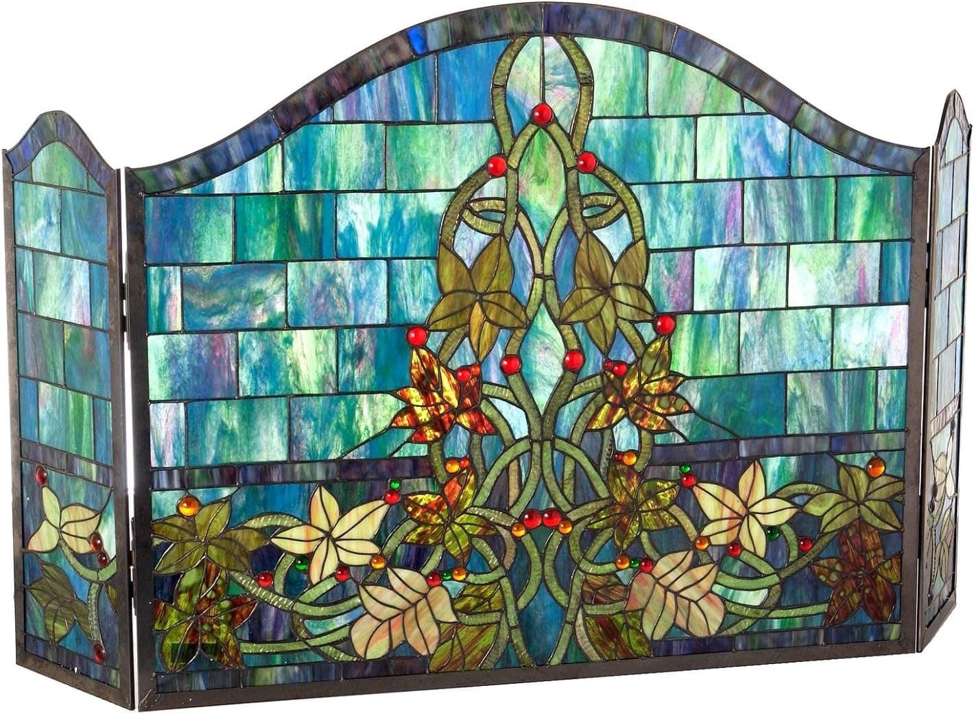Chloe Lighting 3pcs Victorian 40" Wide Tiffany-Glass Folding Fireplace Screen
