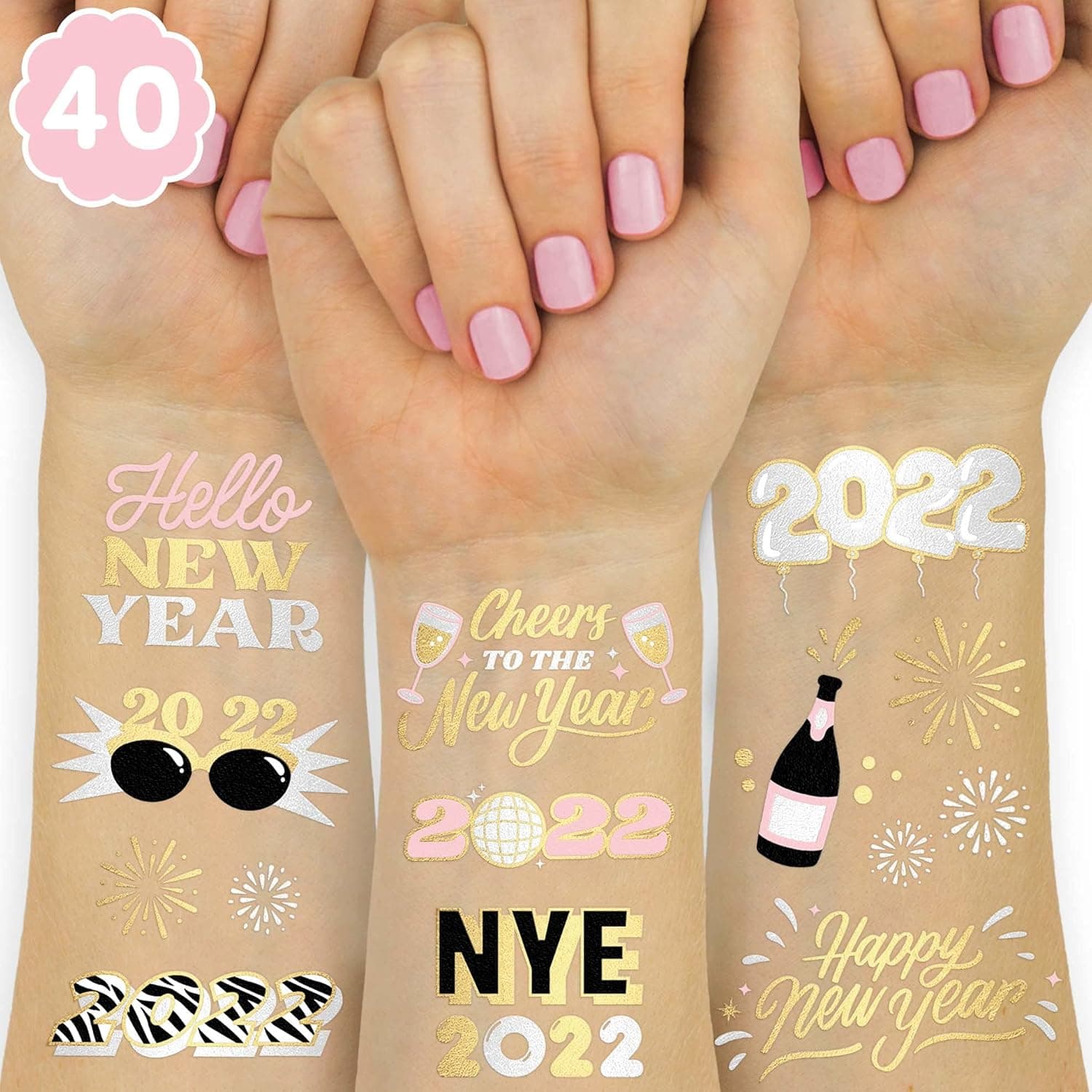 xo, Fetti New Years Eve Decorations Temporary Tattoos for Kids - 40 Glitter Styles | NYE 2022 Party Favors, Happy New Year, Cheers