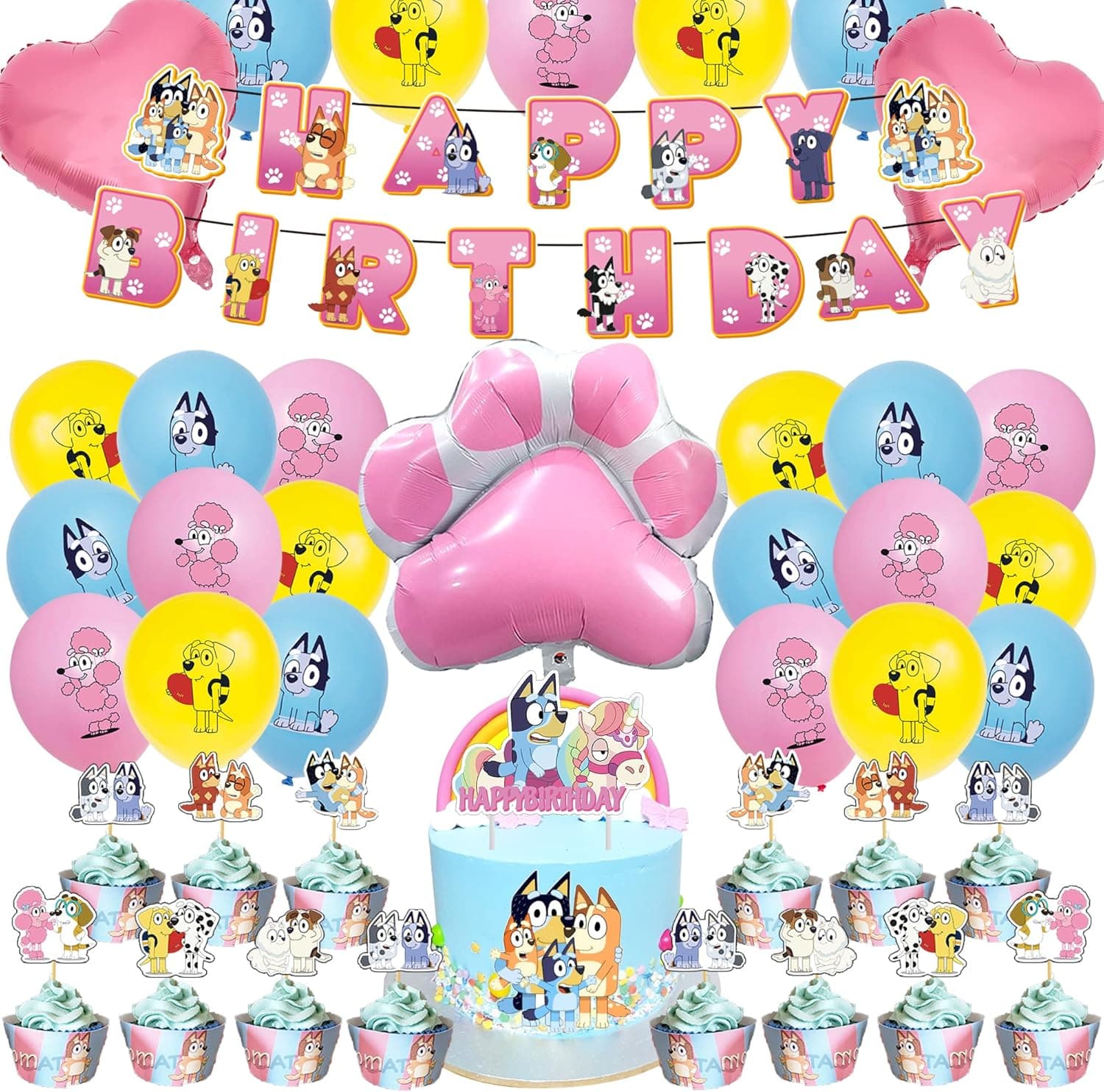 53Pcs Cartoon Dog Birthday Party Supplies Include Happy Birthday Banners, Foil Balloons, Cupcake Toppers, Cake Topper, Balloons, Dog Party Decorations for Kids