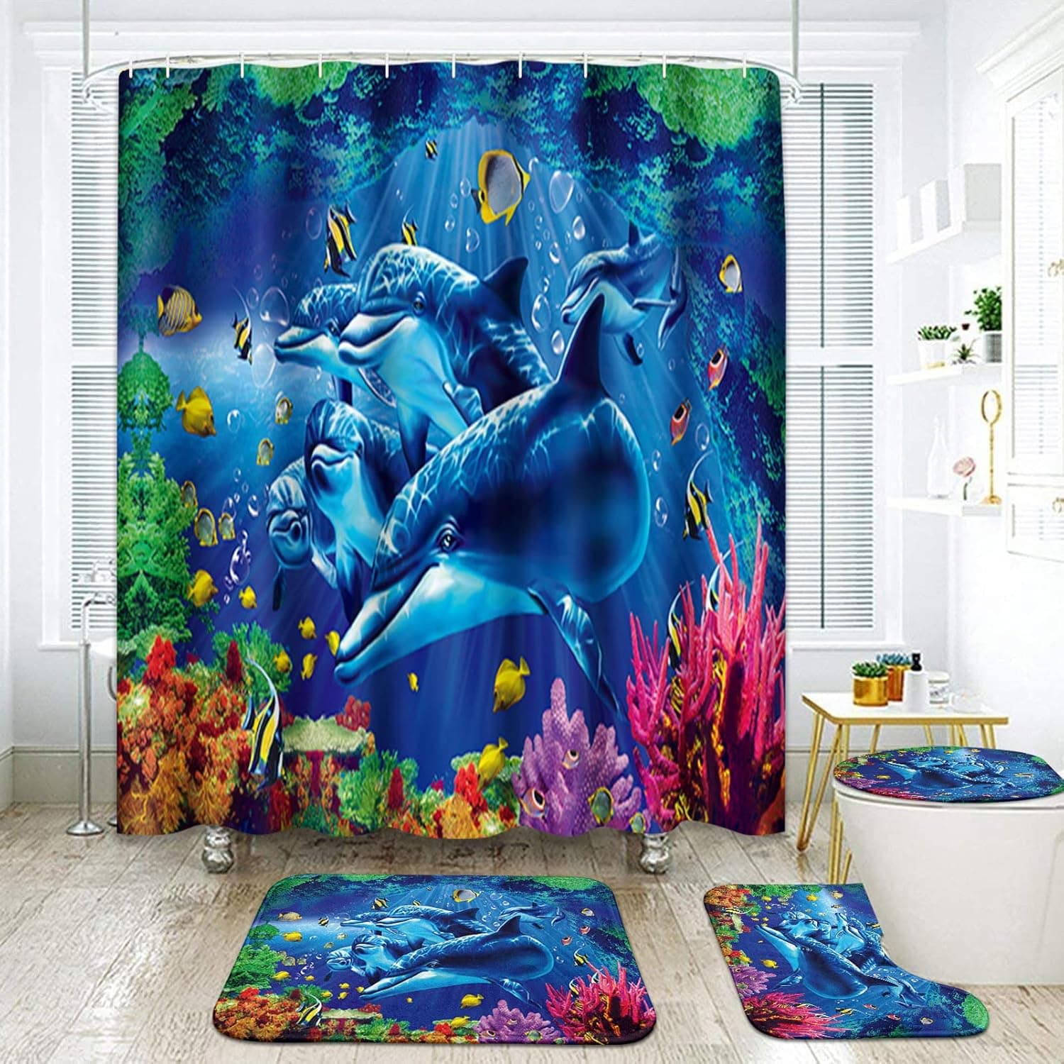 Ocean Dolphins Bathroom Sets with Shower Curtain and Rugs and Accessories, Underwater World Shower Curtain Sets, Sea Fish Shower Curtains for The Bathroom,Aquatic Life Fish Bathroom Decor 4 Pcs