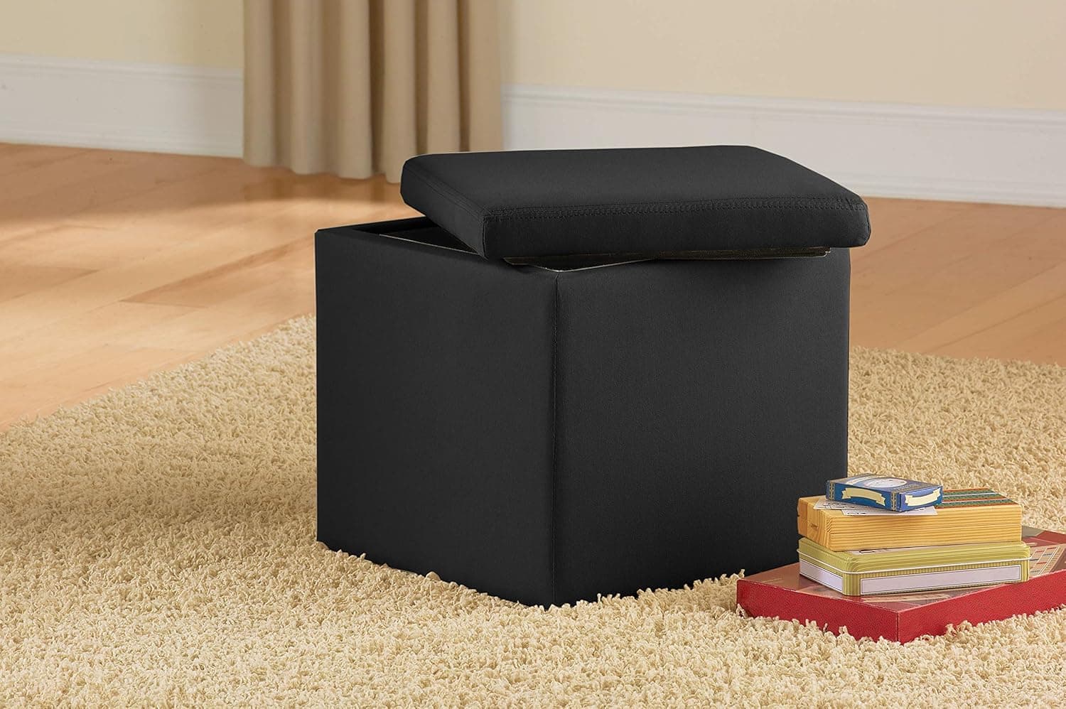 Urban Shop Microsuede Storage Ottoman, 15"x15"x15", Black